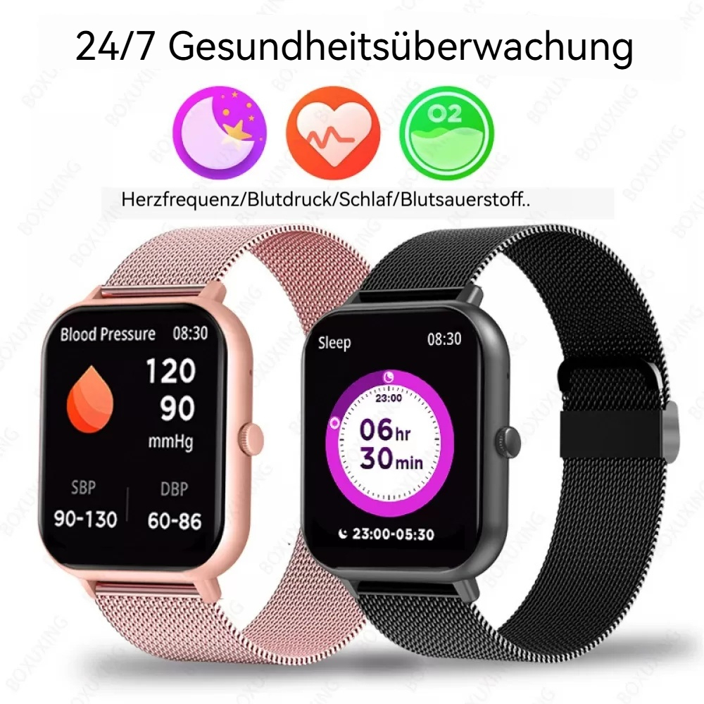 Zwei Smartwatches mit Informationsanzeigen, eine zeigt den Blutdruck und die andere die Schlafdauer, plus Gesundheitsüberwachungs-Icons.