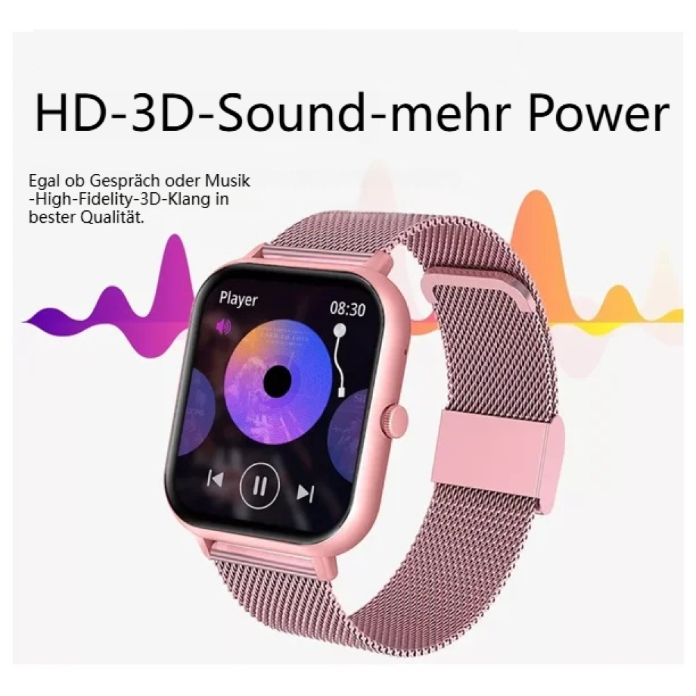 Eine rosa Smartwatch mit Mesh-Armband. Das Zifferblatt zeigt eine Musik-Player-Oberfläche. Text auf Deutsch oben. Soundwave-Grafiken.