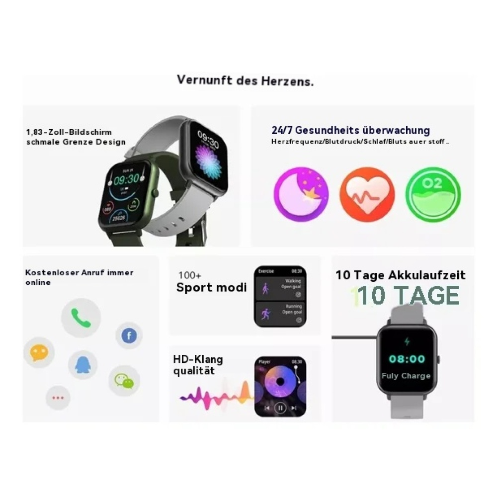 Das Bild zeigt eine Smartwatch mit verschiedenen Funktionen, darunter Gesundheitsüberwachung und Sportmodi, die mit Text und Symbolen angezeigt werden.