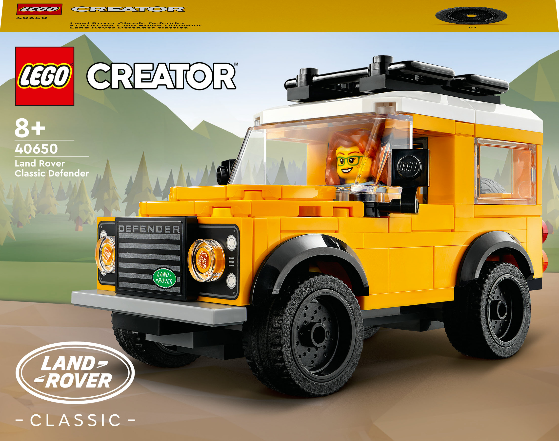 Sarı bir LEGO Land Rover Defender seti. Set, araba, bir minifigür ve orman arka planında kutuyu içerir.