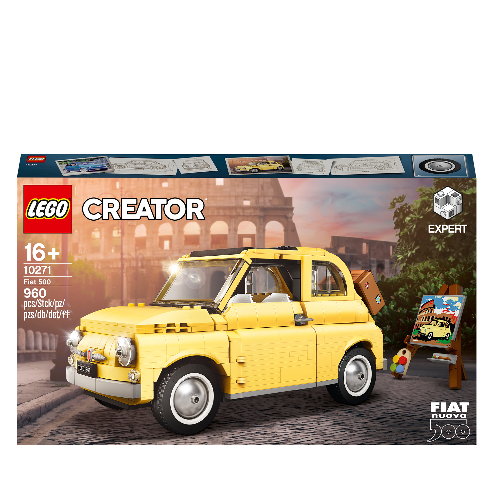 Żółty model LEGO Fiat 500, z obrazem samochodu obok. Tło obejmuje Koloseum i drzewo.