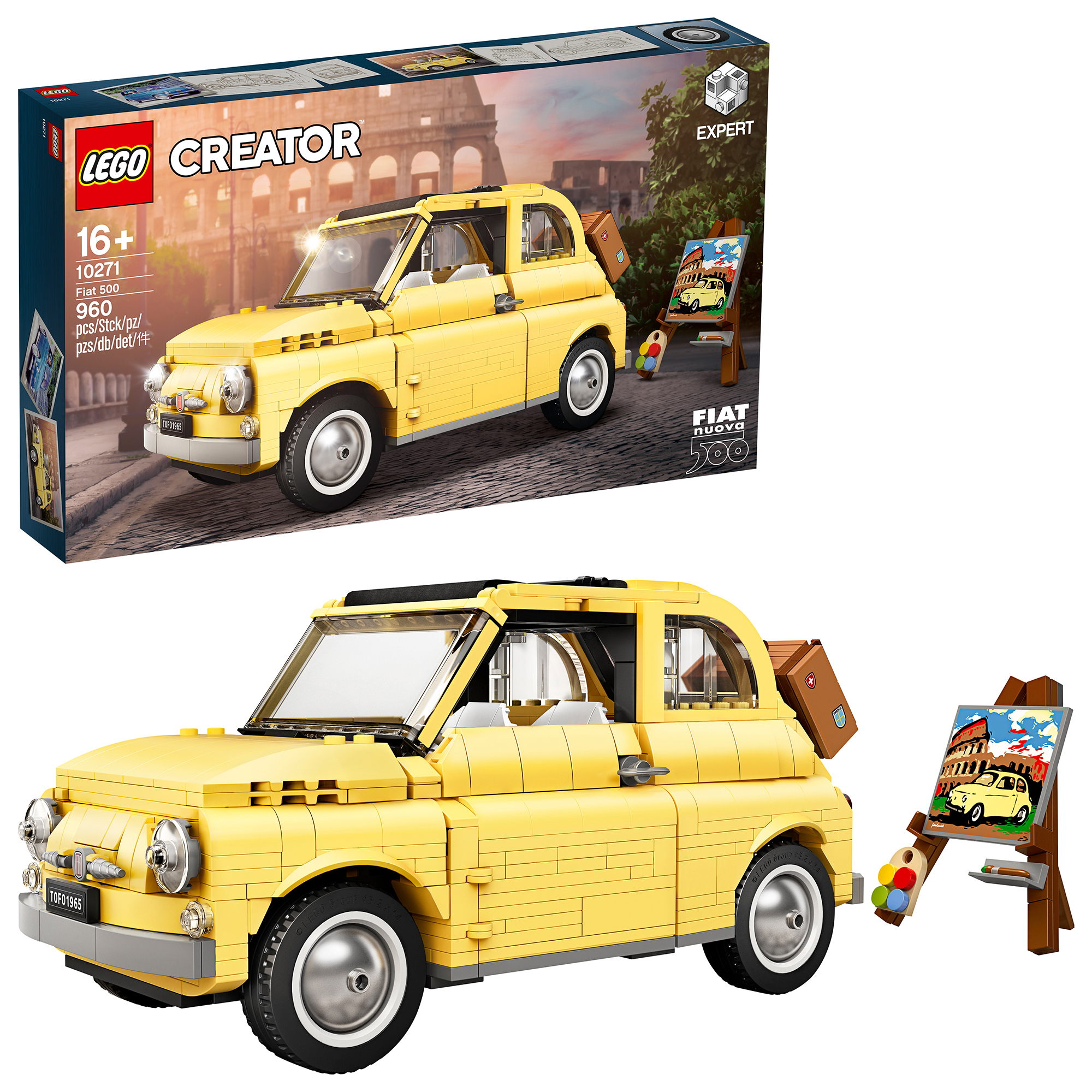 Model LEGO Creator Fiat 500. Żółty samochód z brązową walizką, sztalugą i obrazem samochodu przed Koloseum.