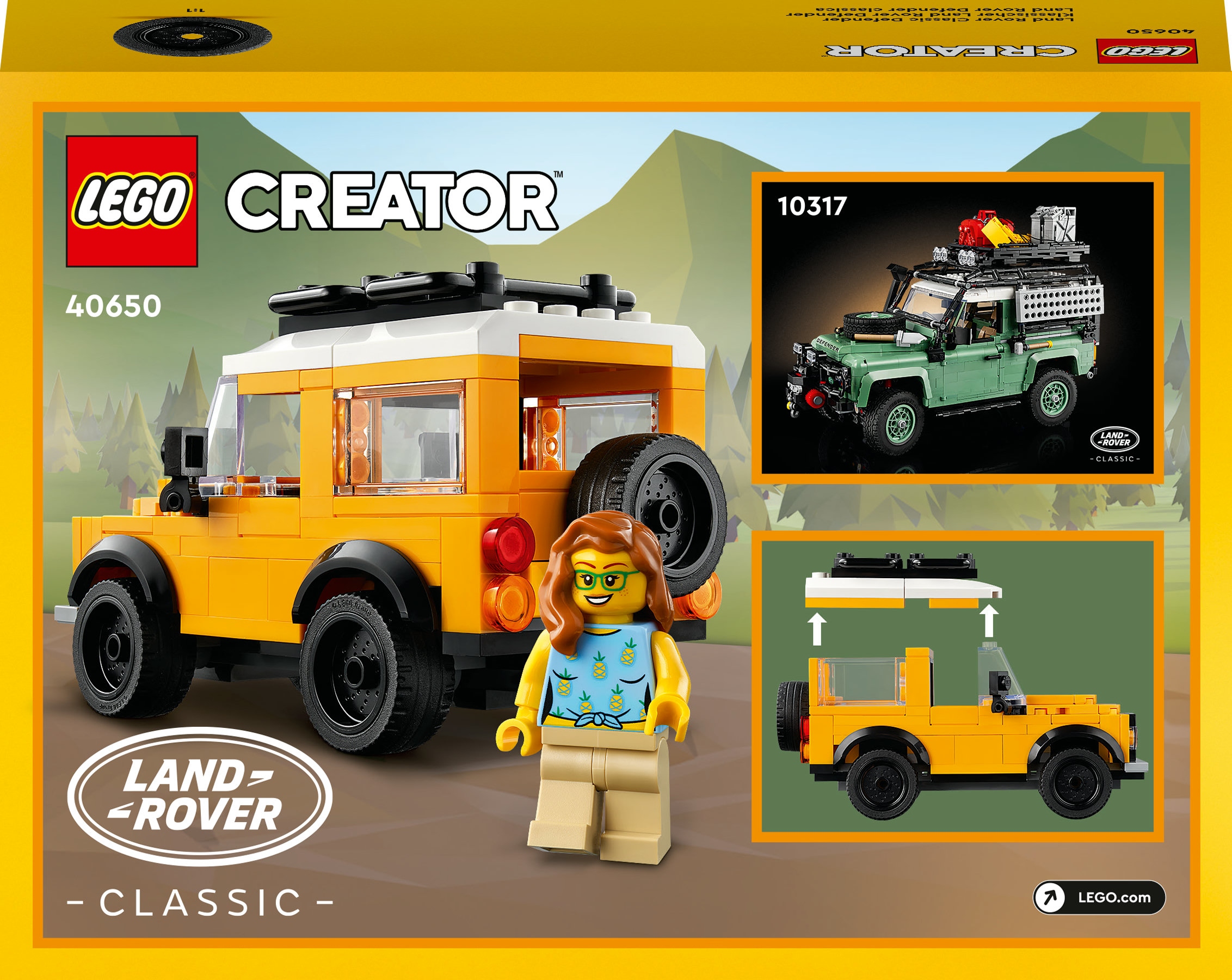 Sarı Land Rover modeli, bir minifigür ve arabanın diğer görselleri içeren LEGO Creator seti.