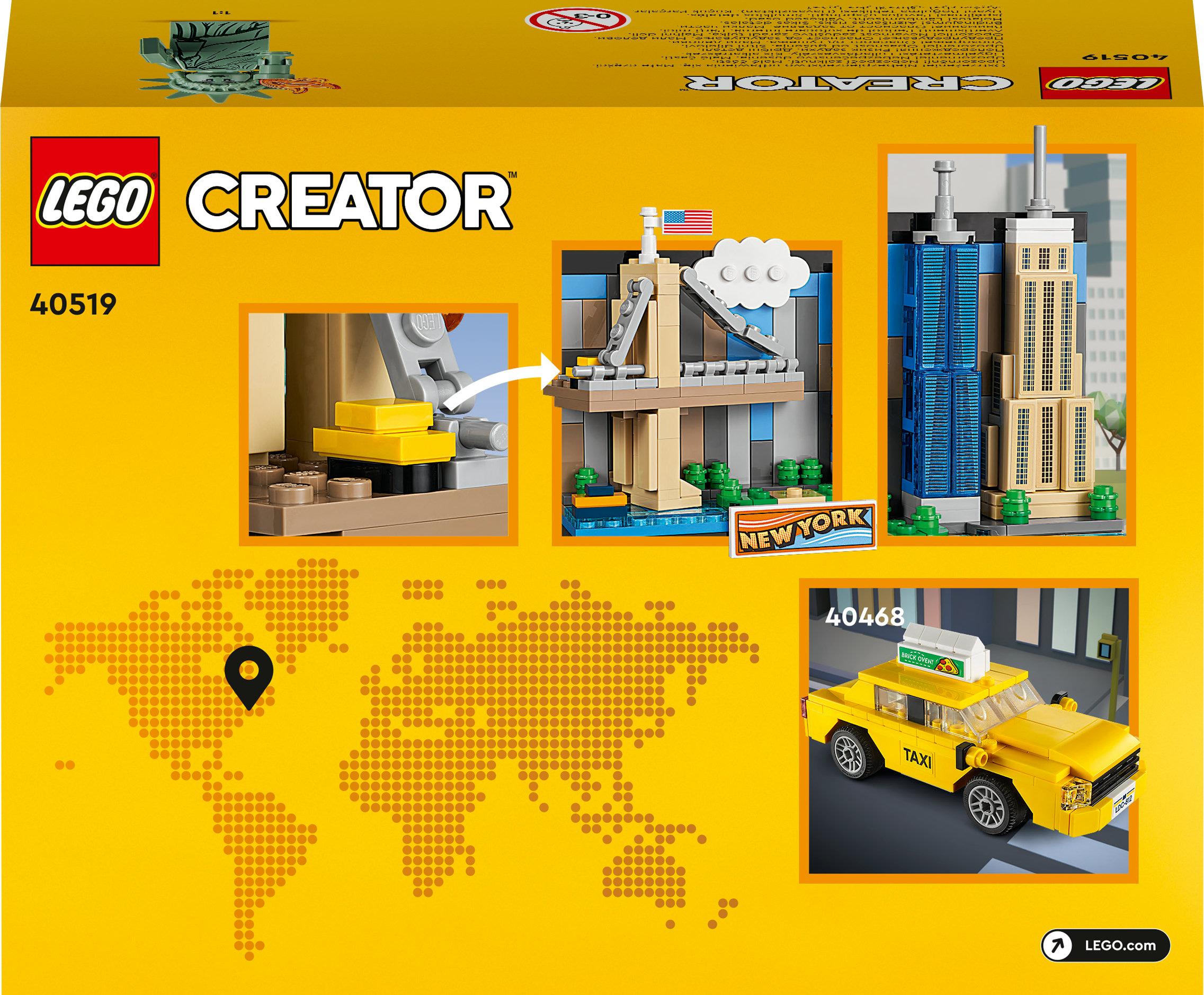 Scatola del set LEGO Creator, che mostra i monumenti di New York, un taxi giallo e il logo LEGO. Include dettagli della Statua della Libertà.