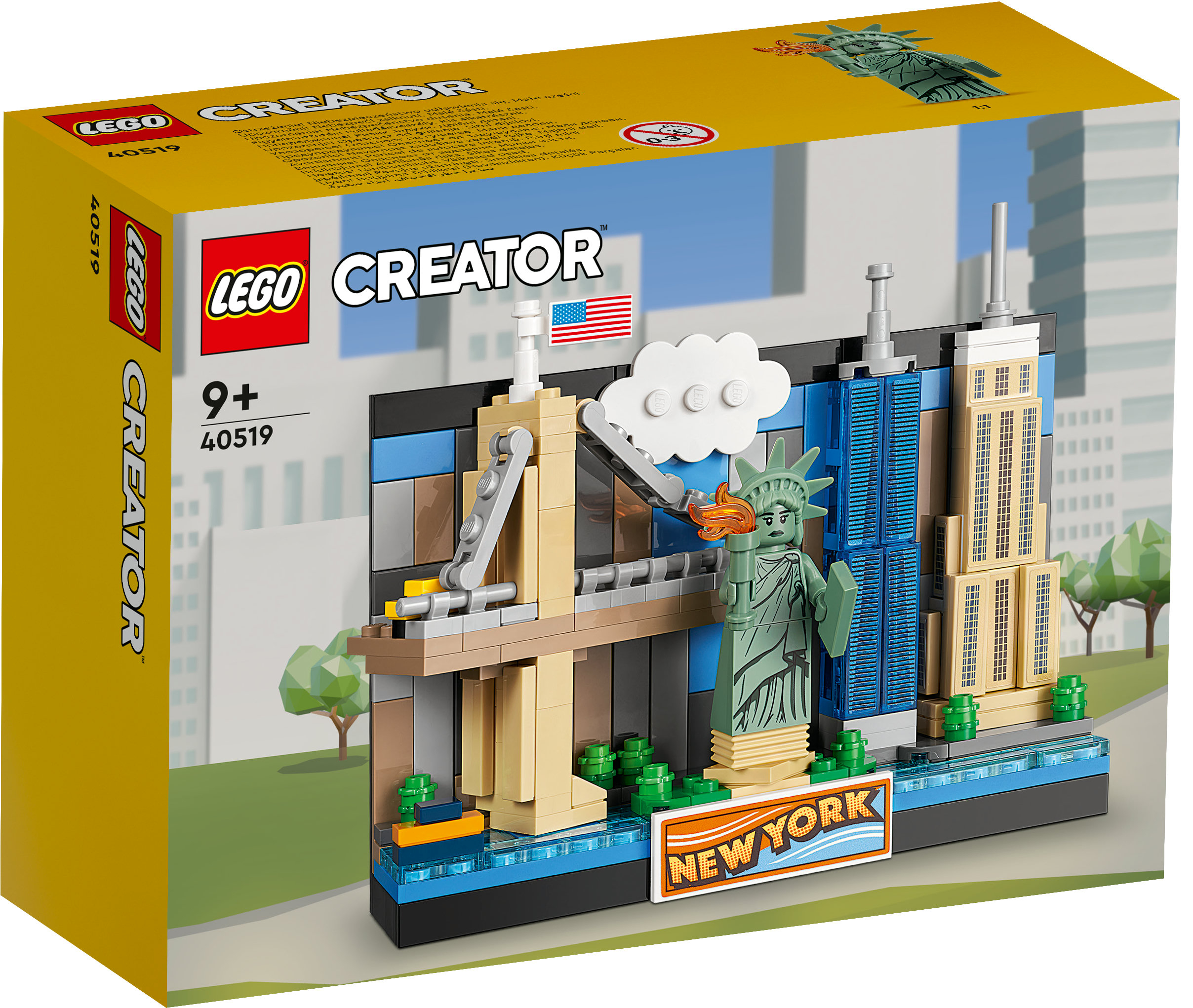 Scatola del set Lego che mostra una scena di New York City. Include la Statua della Libertà, edifici e una bandiera americana.