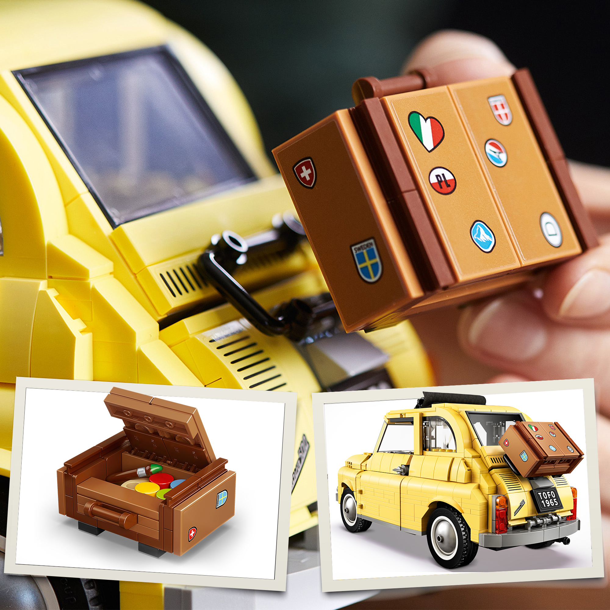 Ręka trzyma brązową walizkę z naklejkami w pobliżu żółtego samochodzika. Inne obrazy pokazują szczegóły.