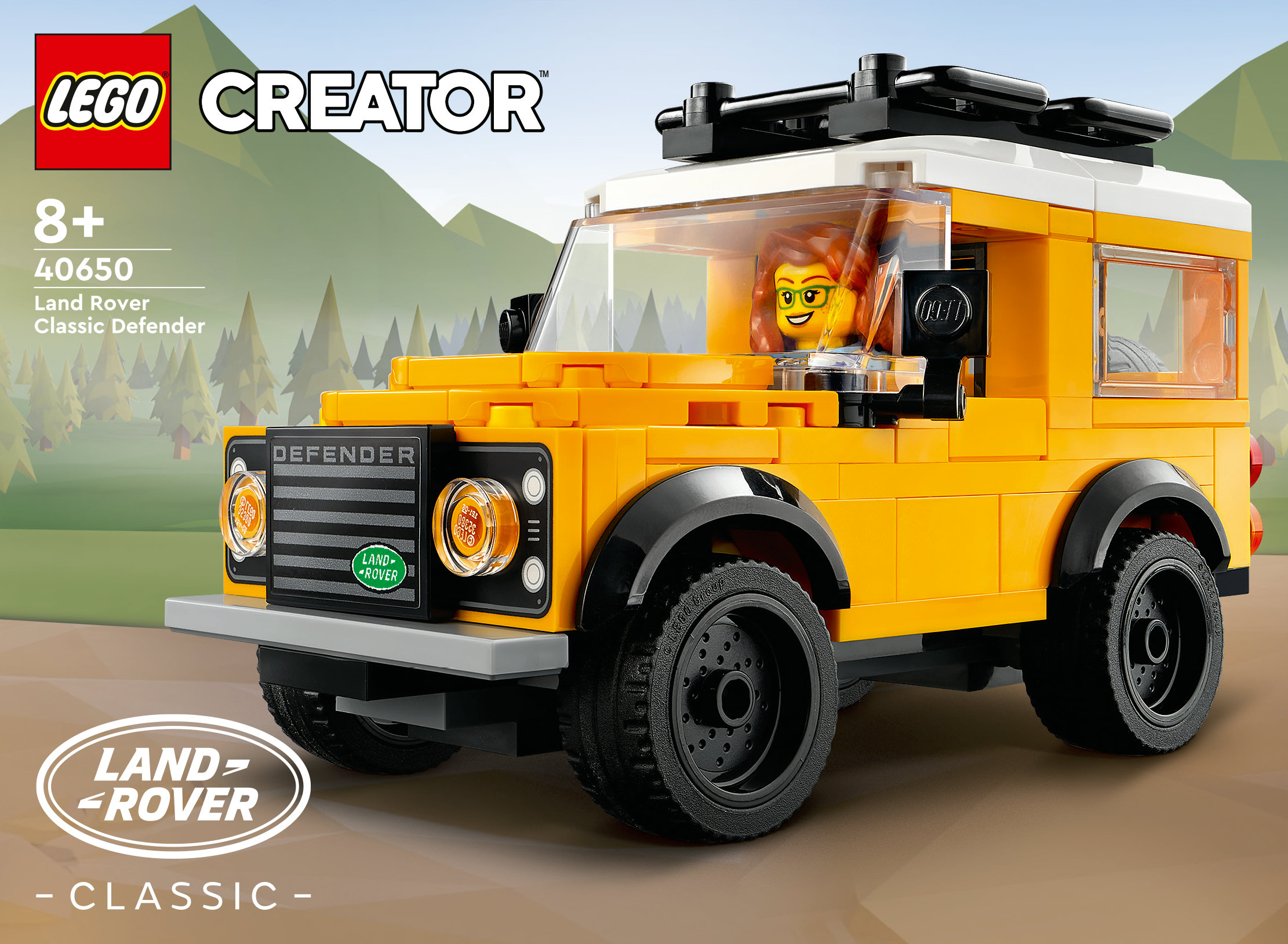 Sarı bir LEGO Land Rover modeli. Siyah tekerlekleri ve beyaz bir tavanı var. İçinde bir minifigür var.