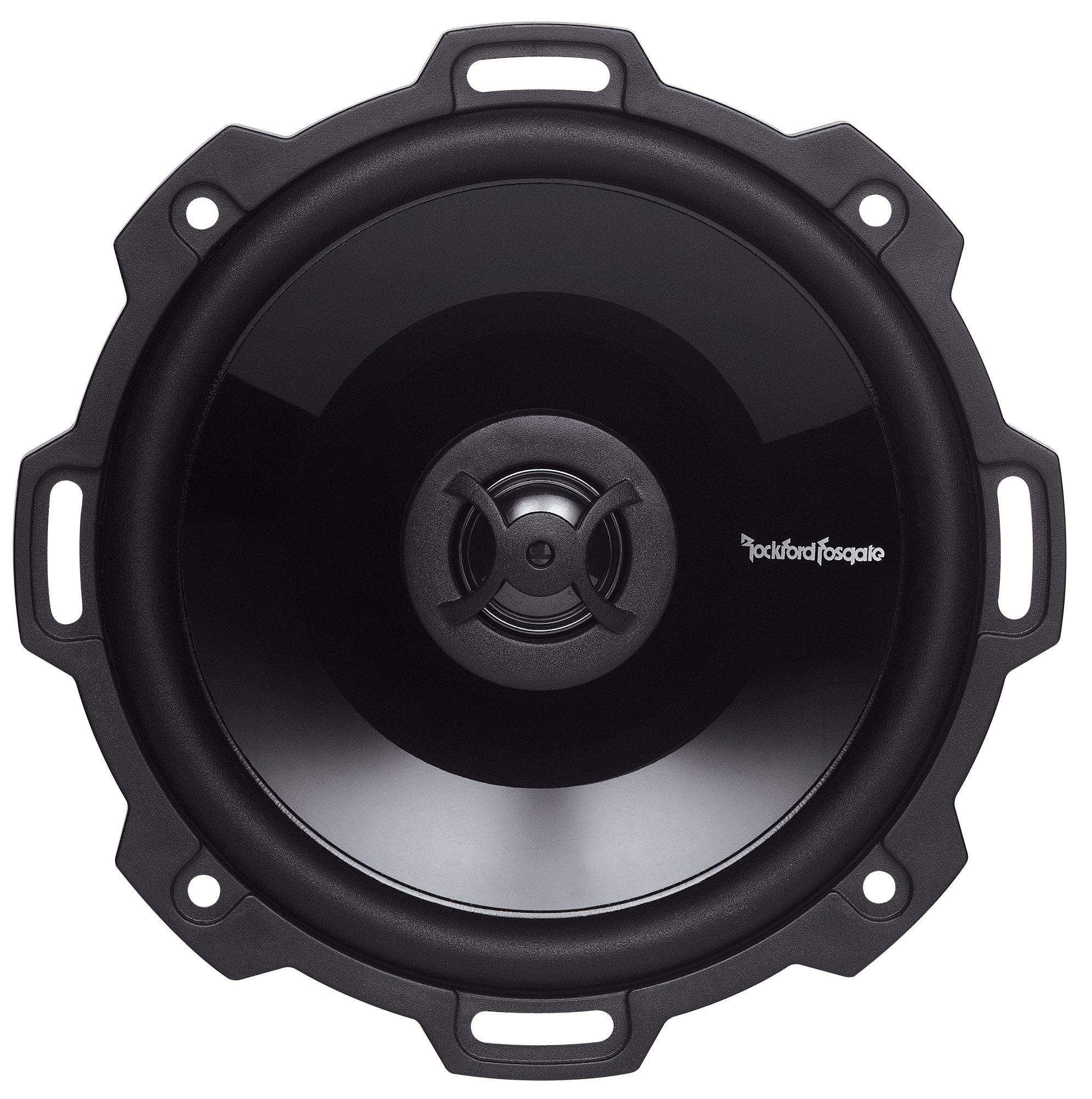 Ein schwarzer Rockford Fosgate Autolautsprecher. Er hat einen zentralen Konus, umgeben von einem schwarzen Gummiring und einem schwarzen Rahmen mit Befestigungslöchern.