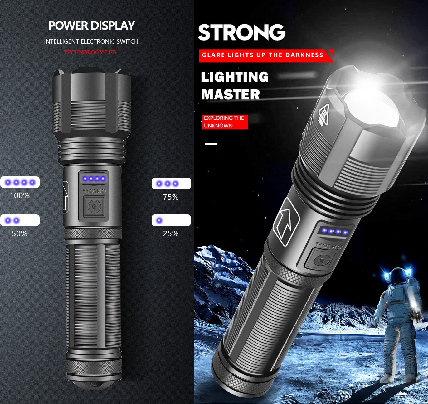 Eine Taschenlampe mit Leistungsanzeige, starkem Lichtstrahl und einem Astronauten auf dem Mond. Die Taschenlampe hat Leistungsanzeigen.