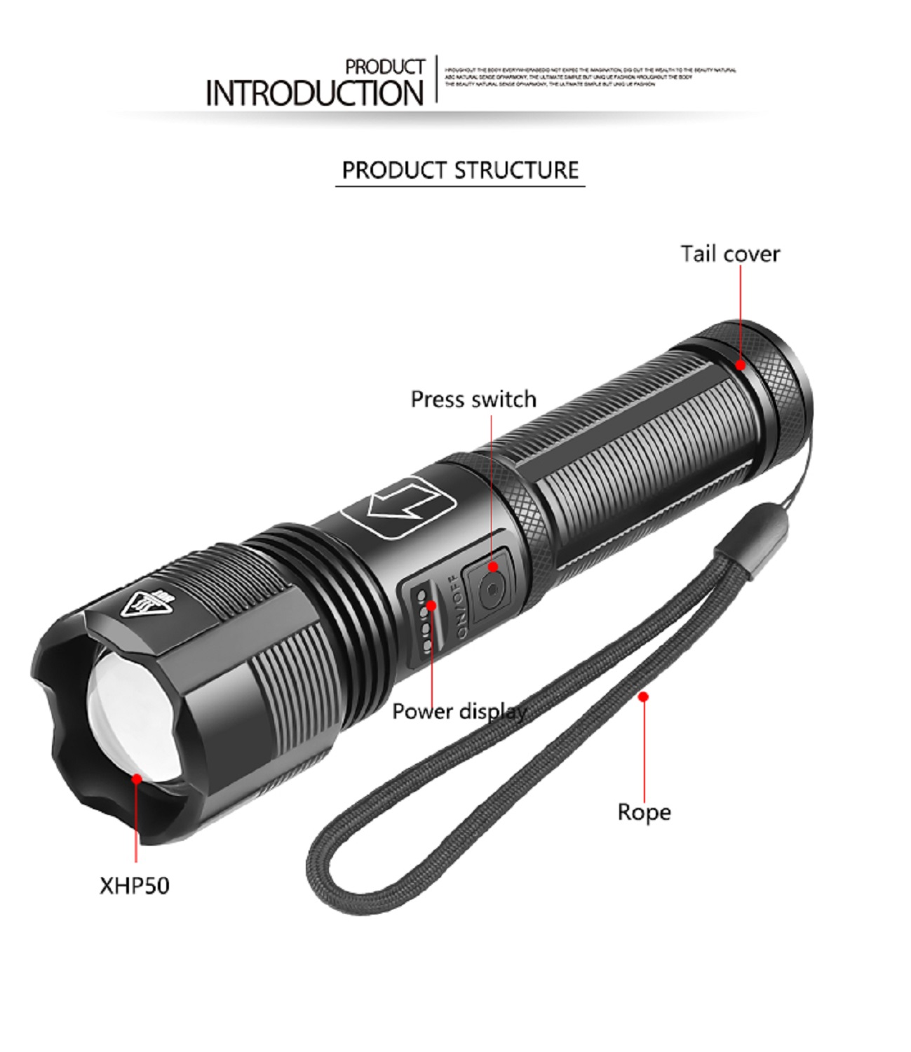 Eine schwarze Taschenlampe mit Etiketten: XHP50, Schalter, Leistungsanzeige und Seil. Sie hat eine Endkappe und ist als Produkt gekennzeichnet.