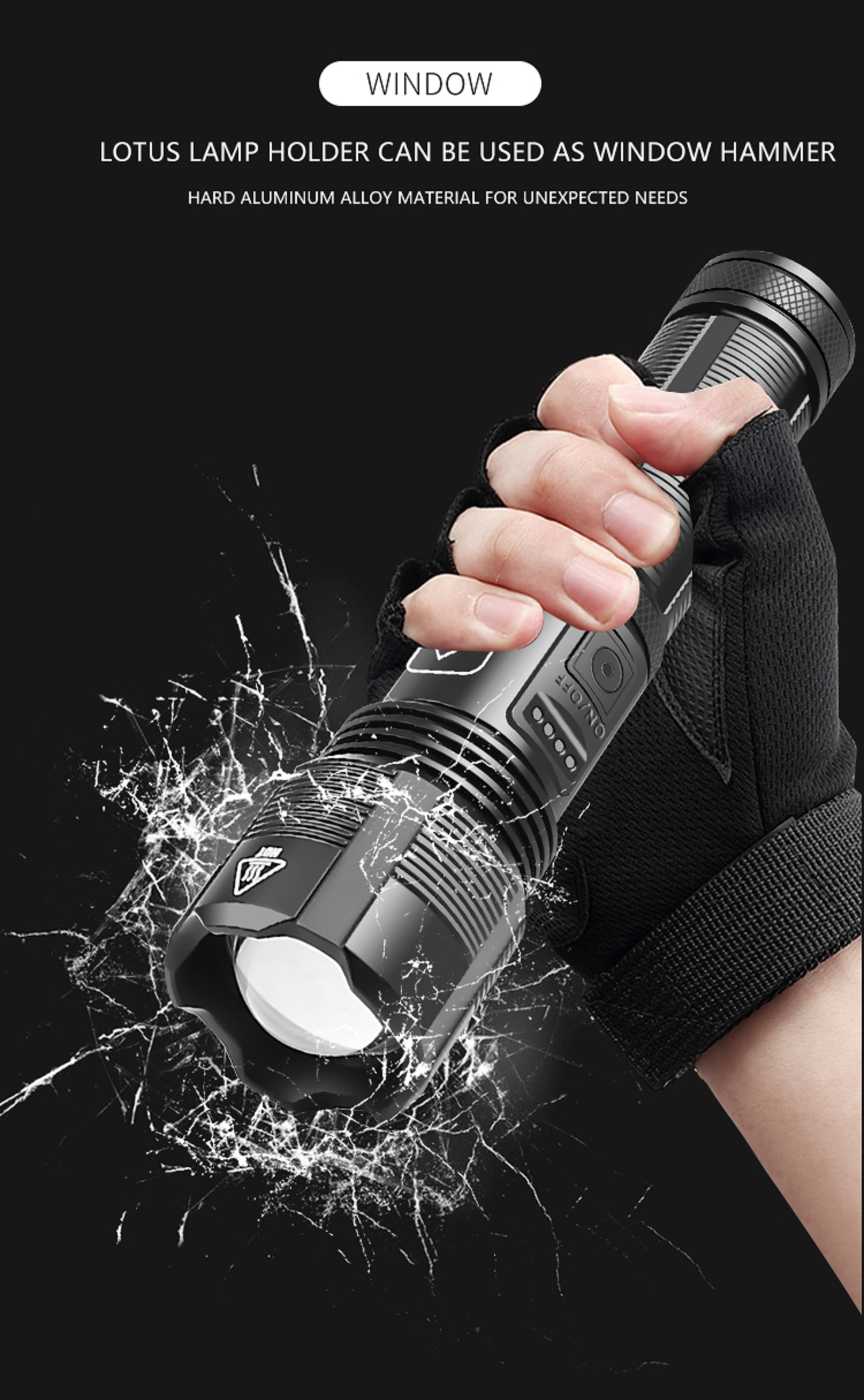 Eine Hand, die eine schwarze Taschenlampe hält, zerbricht eine Glasoberfläche, was darauf hindeutet, dass sie als Fensterhammer verwendet werden kann.