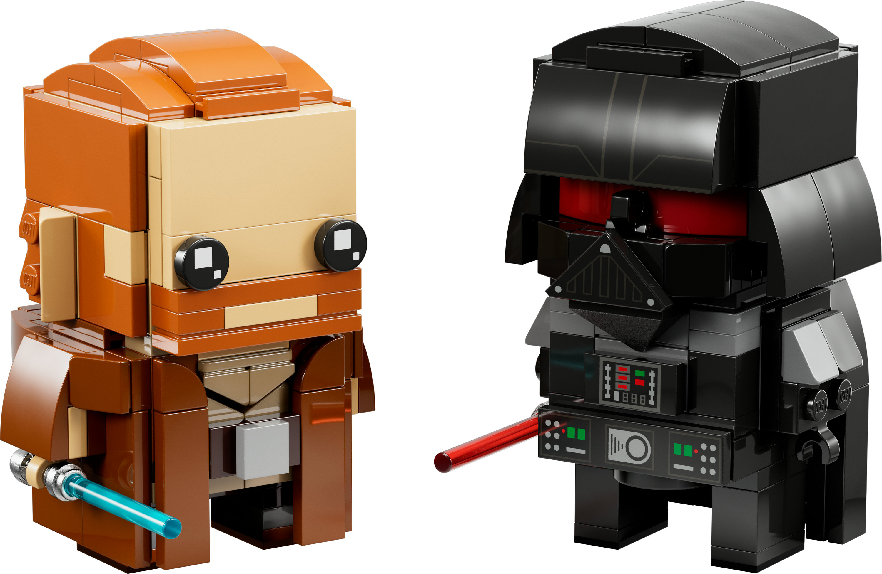 Zwei Lego Star Wars Figuren: Obi-Wan Kenobi mit blauem Lichtschwert und Darth Vader mit rotem Lichtschwert.
