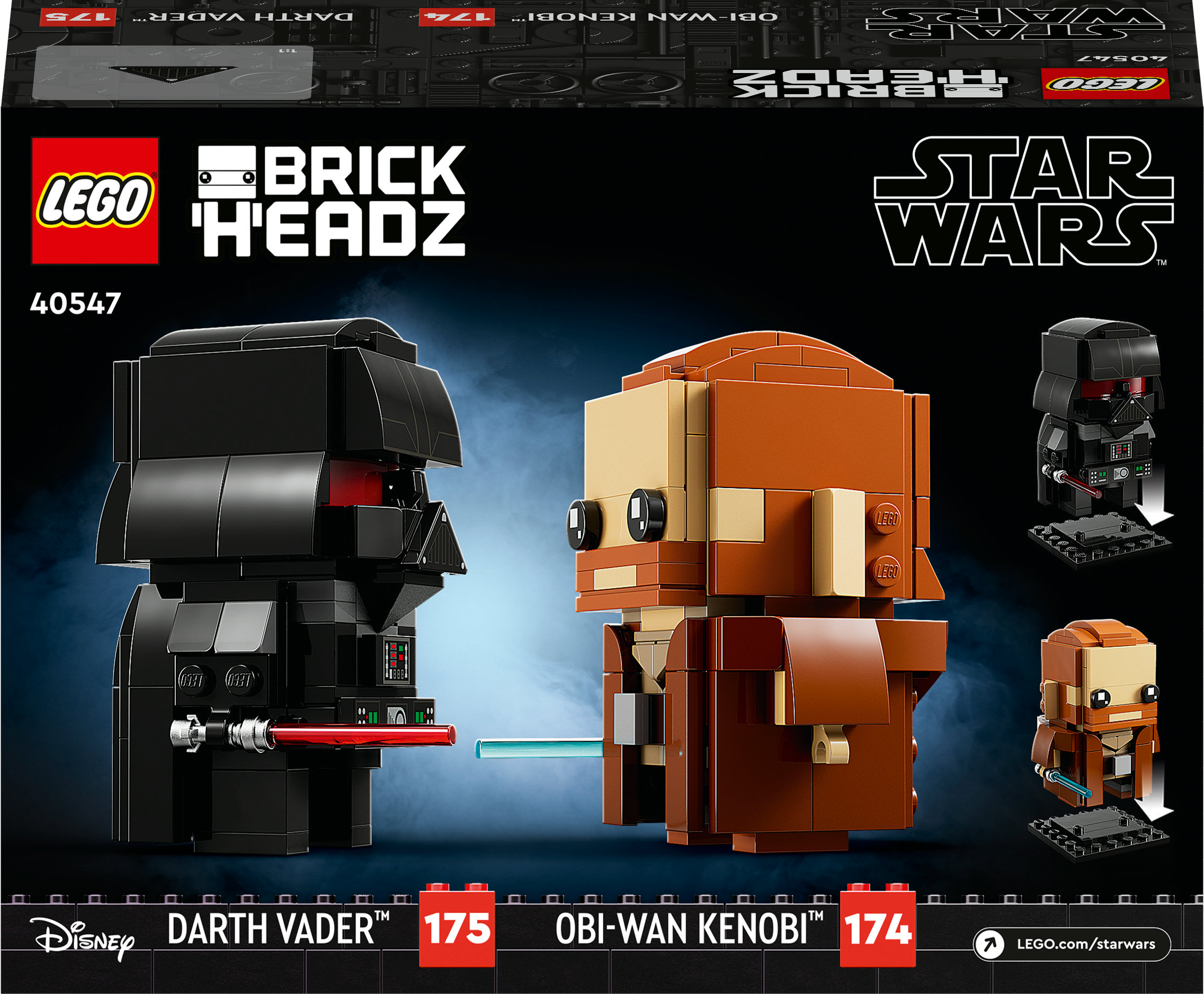 Lego BrickHeadz-Set mit Darth Vader und Obi-Wan Kenobi Figuren. Die Box zeigt die Figuren, mit dem Star Wars Logo.