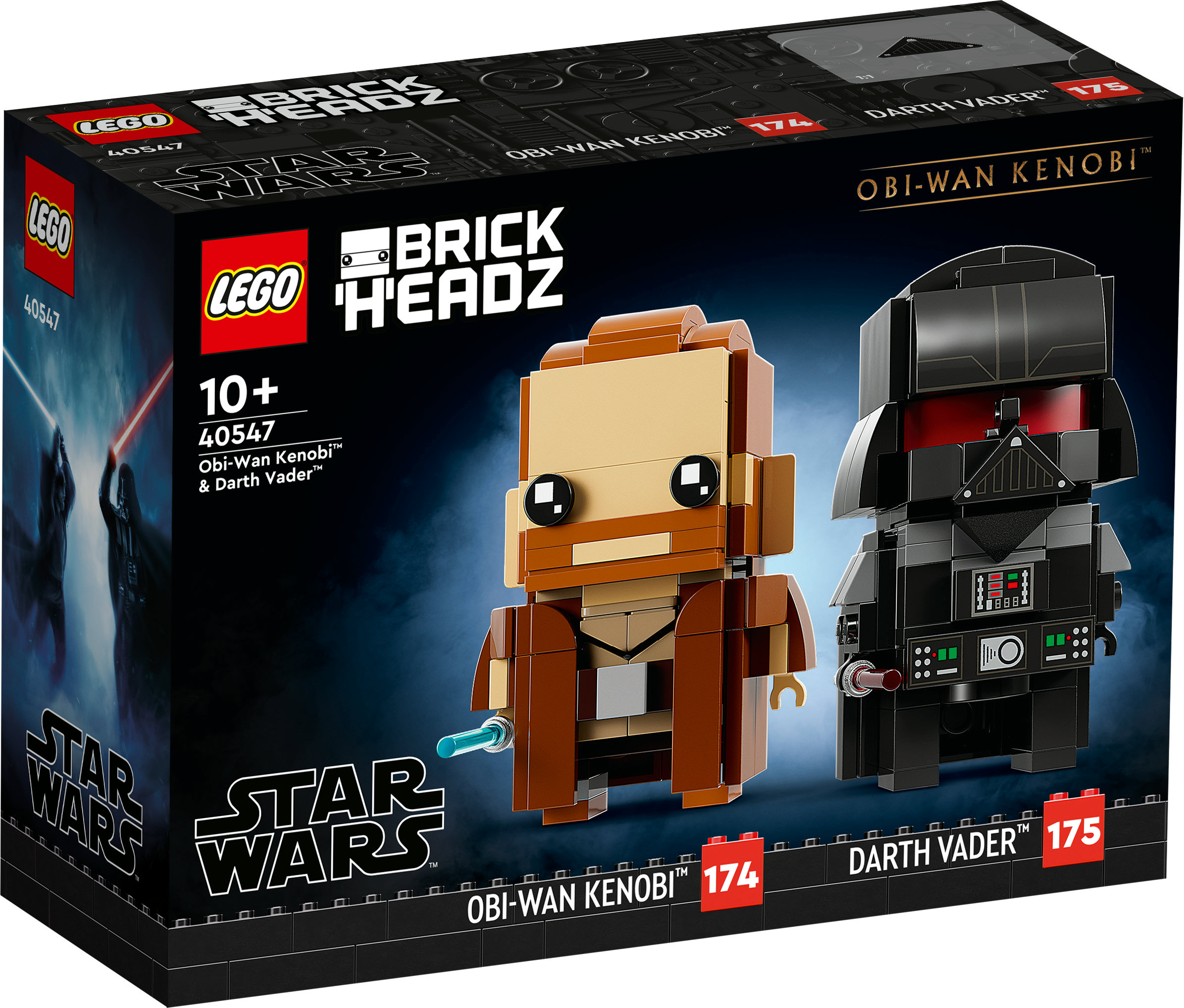 LEGO Star Wars BrickHeadz Boxset mit Obi-Wan Kenobi und Darth Vader Figuren. Die Schachtel ist schwarz mit Star Wars Branding.