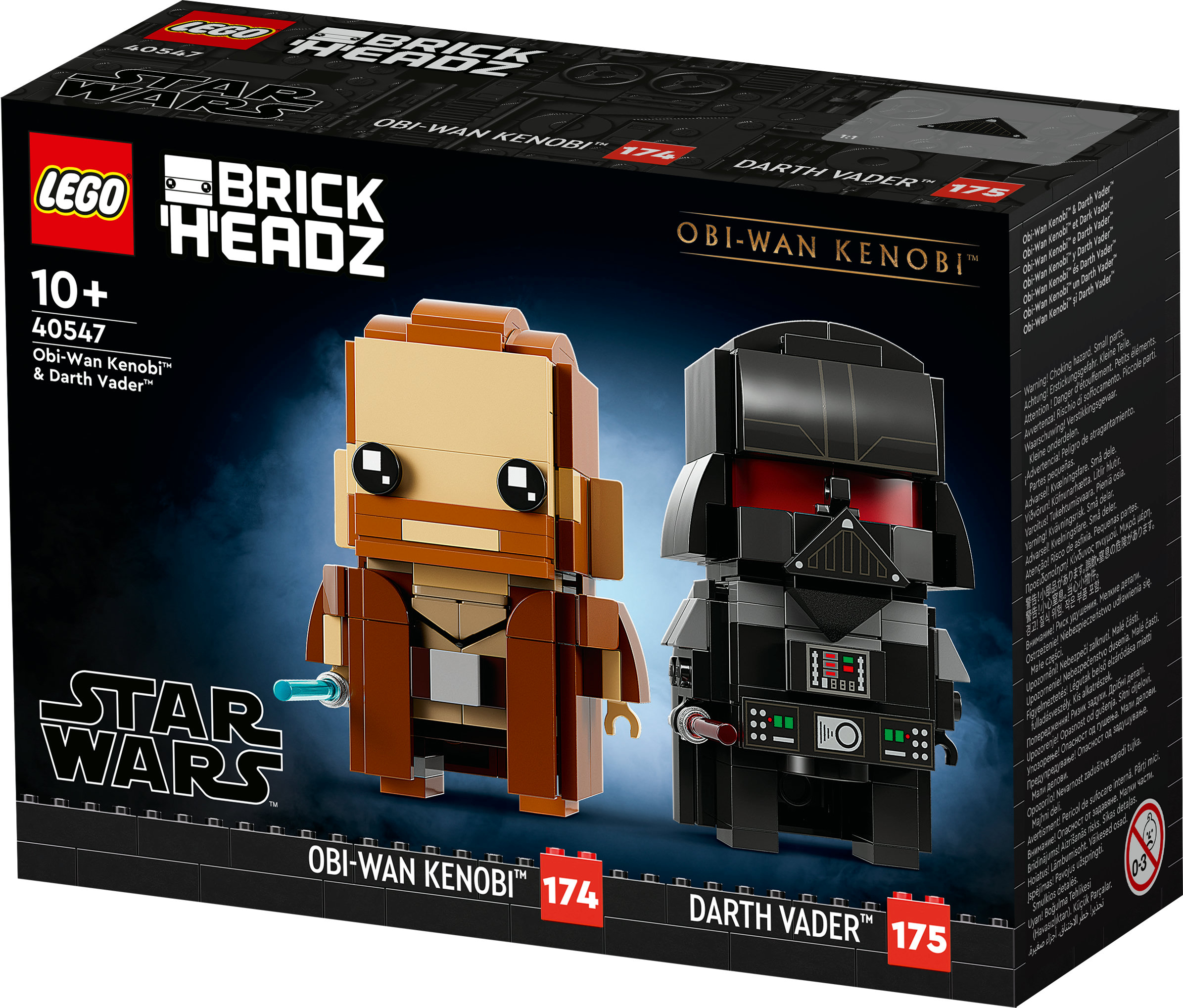 Boxkunst zeigt Lego BrickHeadz Obi-Wan Kenobi und Darth Vader, mit Star Wars Logo und Text.