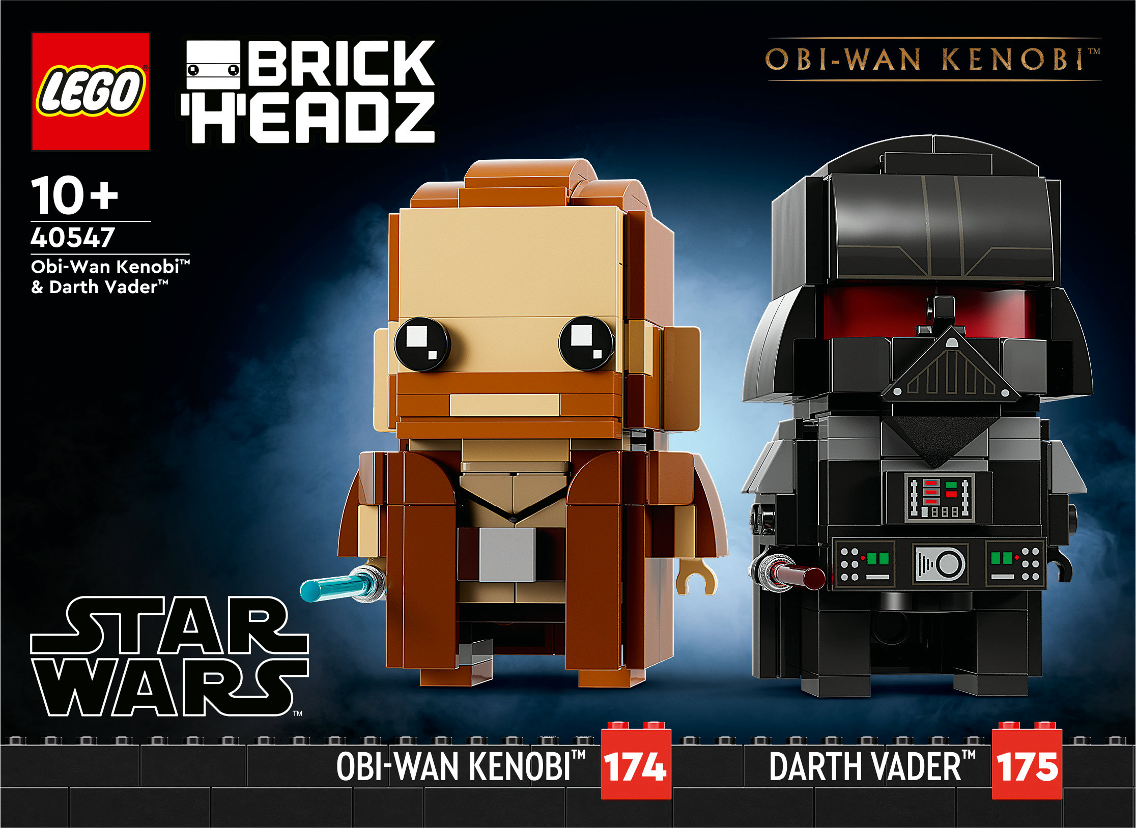 LEGO BrickHeadz-Set mit Obi-Wan Kenobi und Darth Vader. Obi-Wan hält ein Lichtschwert und Darth Vader seinen Helm.
