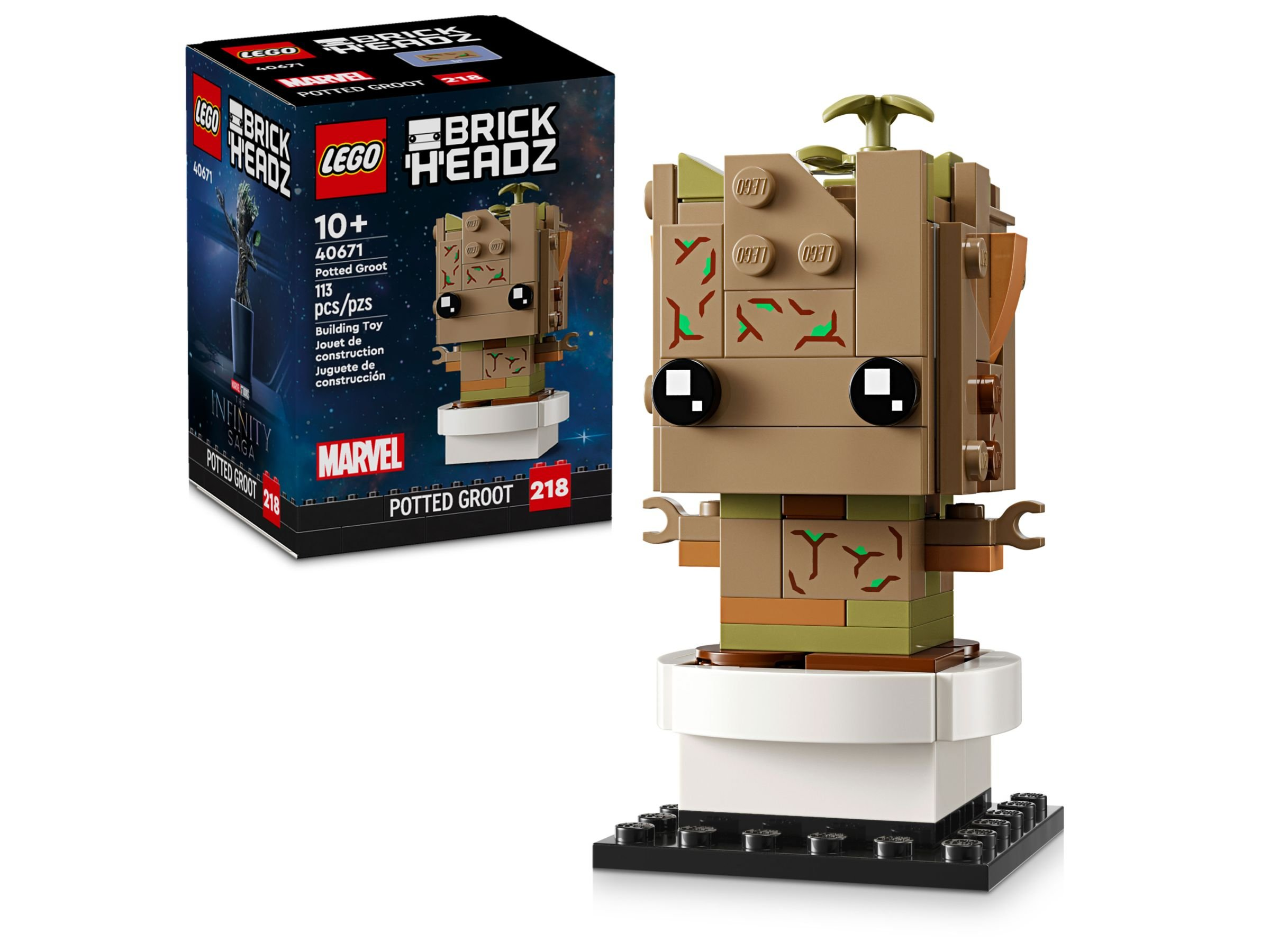 Lego BrickHeadz Set von Potted Groot. Enthält eine Groot-Figur in einem weißen Topf auf schwarzer Basis und die Box.