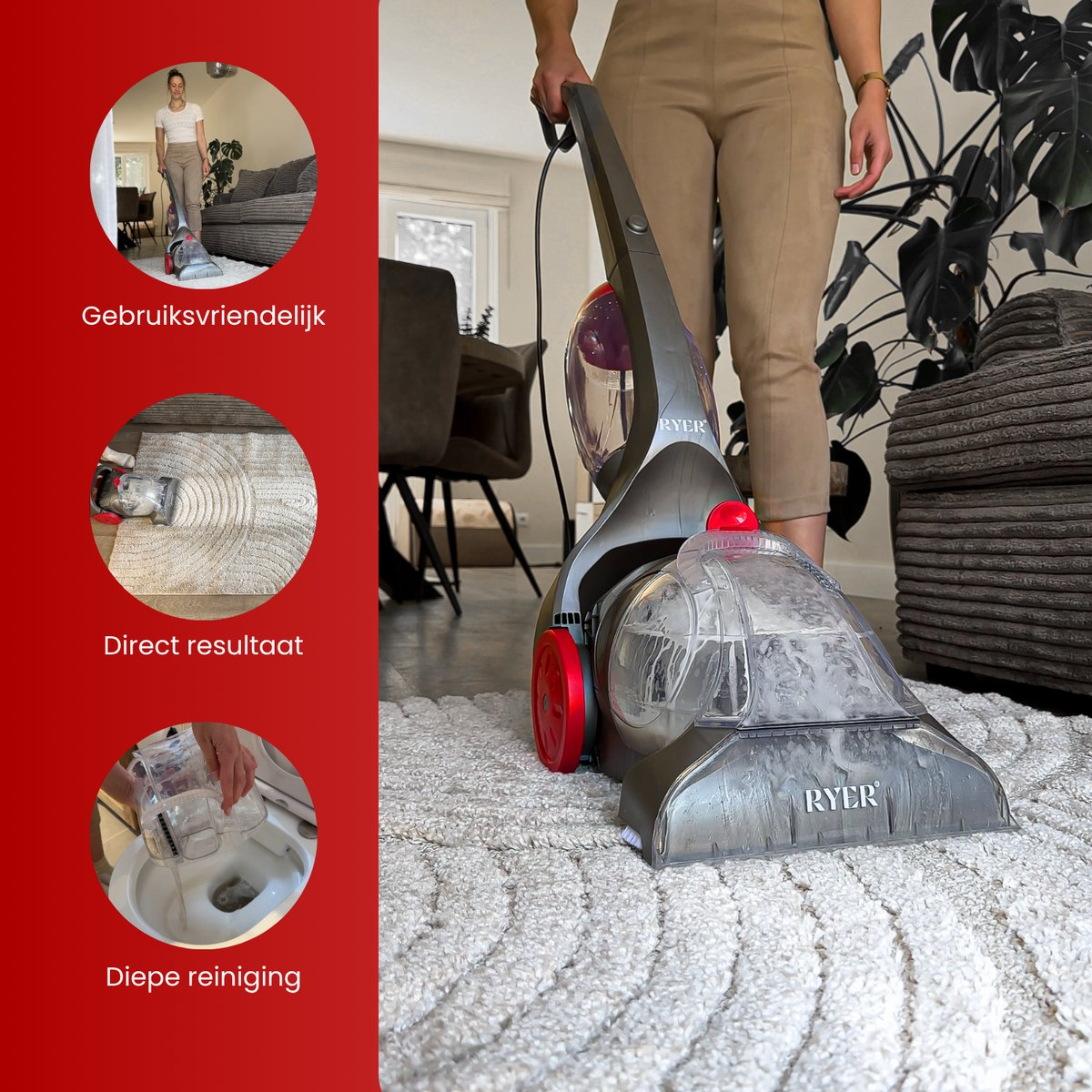 A person uses a carpet cleaner on a white rug. The cleaner is gray and red. Text and images on the left show the cleaner's use.
