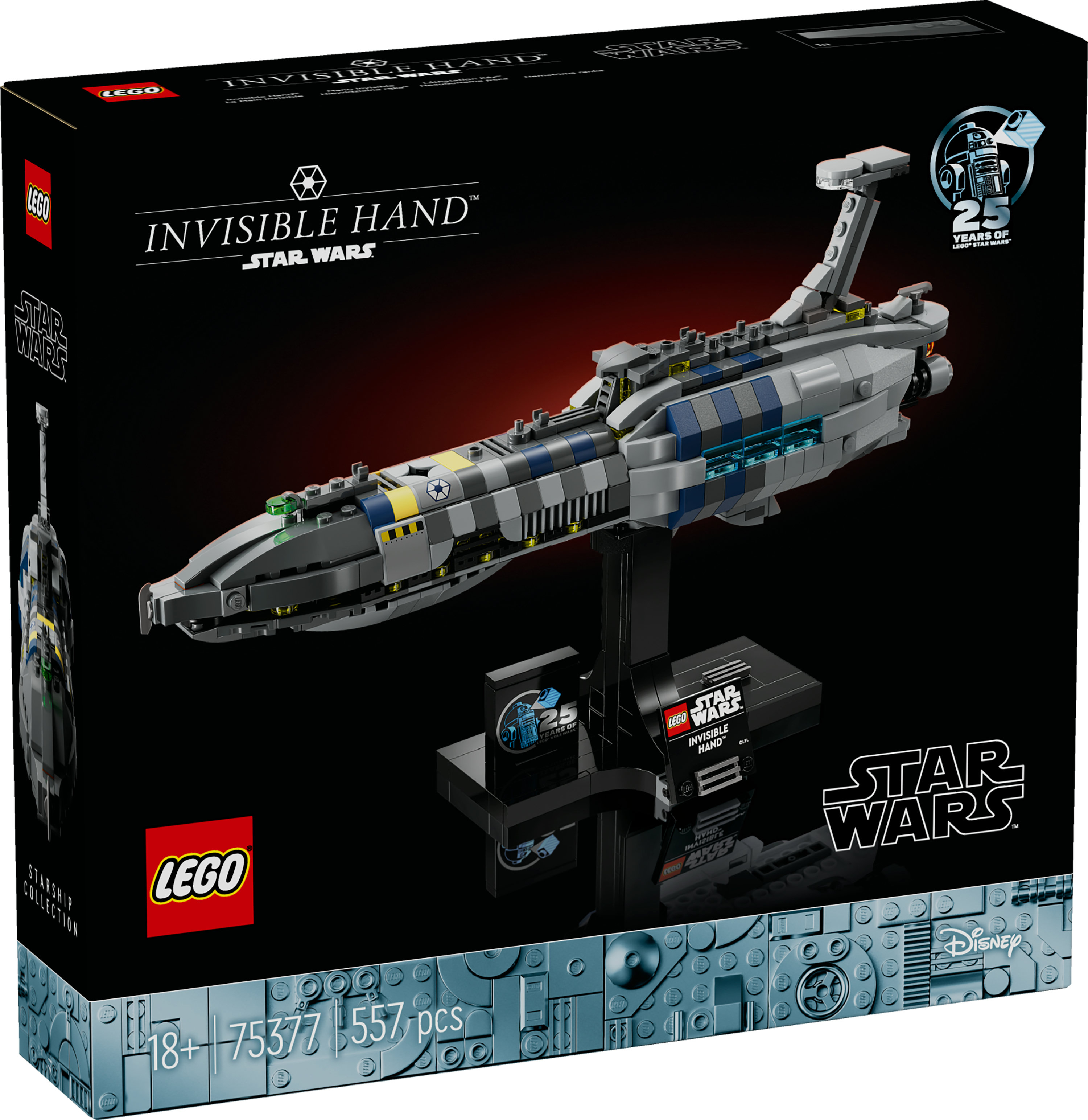 Pudełko zestawu LEGO Star Wars. Zawiera model statku Invisible Hand, czarne tło i logo LEGO i Star Wars.