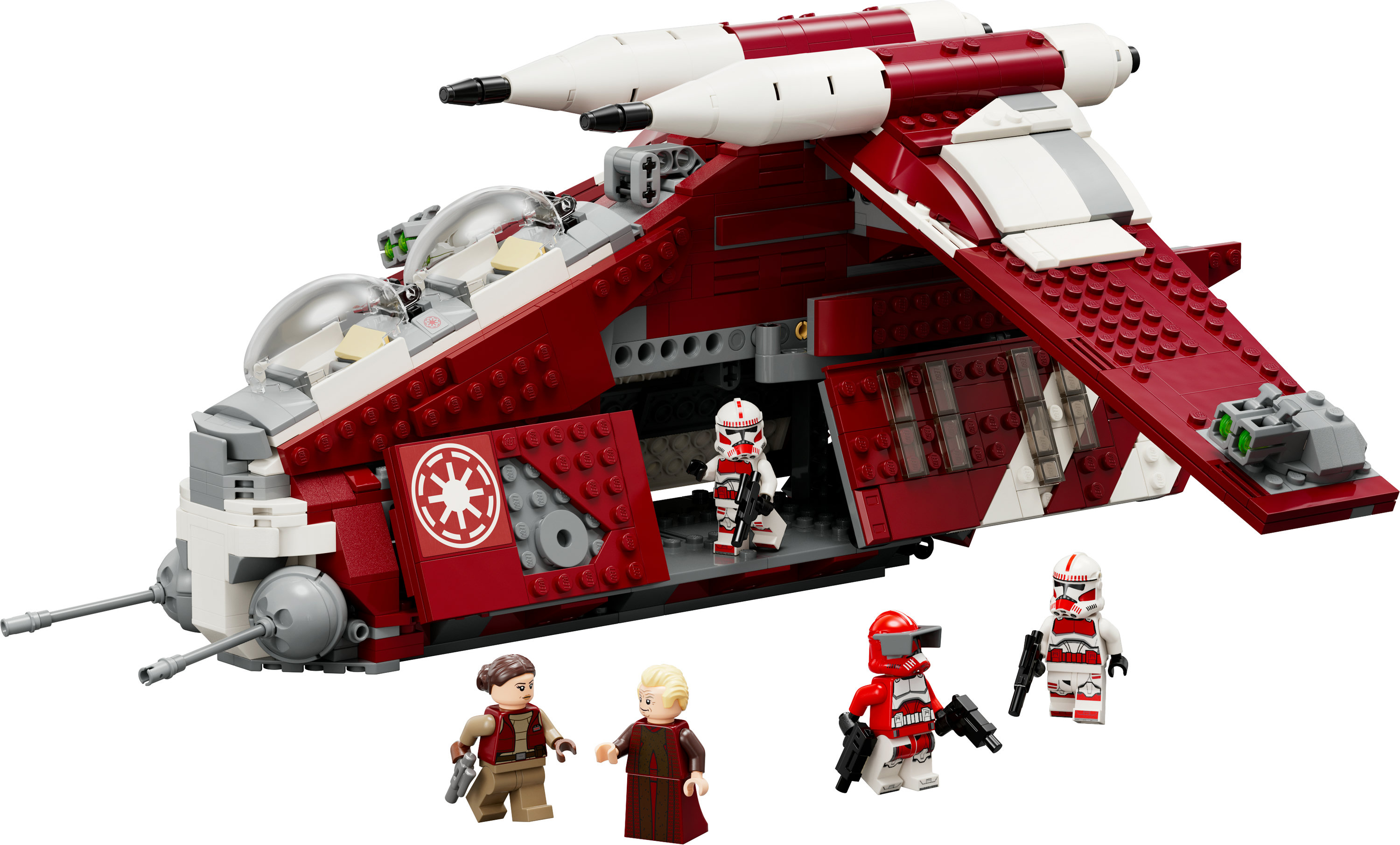 Zestaw LEGO Star Wars przedstawia czerwono-biały Republic Gunship z minifigurkami. Zawiera dwóch żołnierzy-klonów i dwie inne postacie.