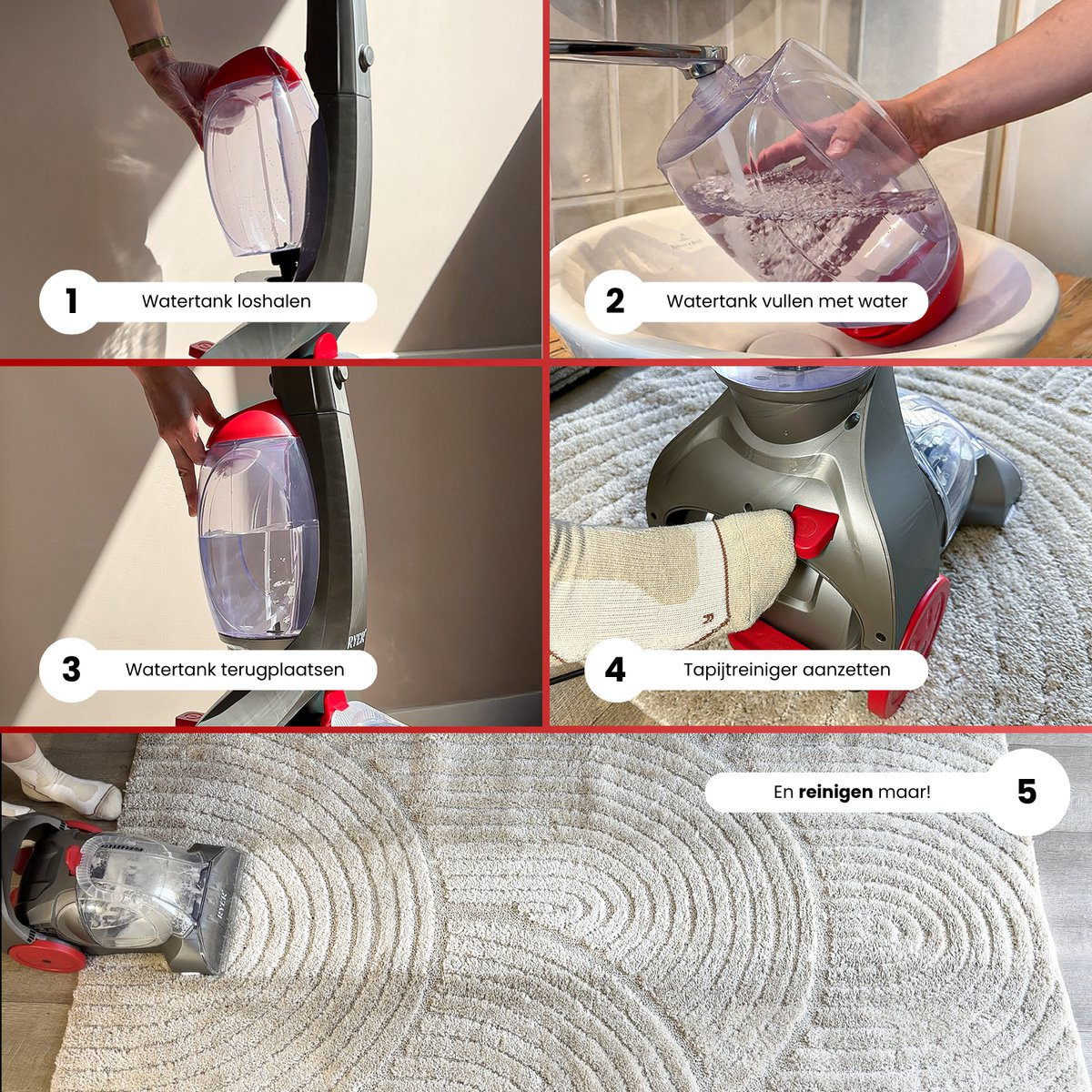 Instructions for using a carpet cleaner. Steps include removing, filling, and replacing the water tank, then activating the cleaner on a rug.