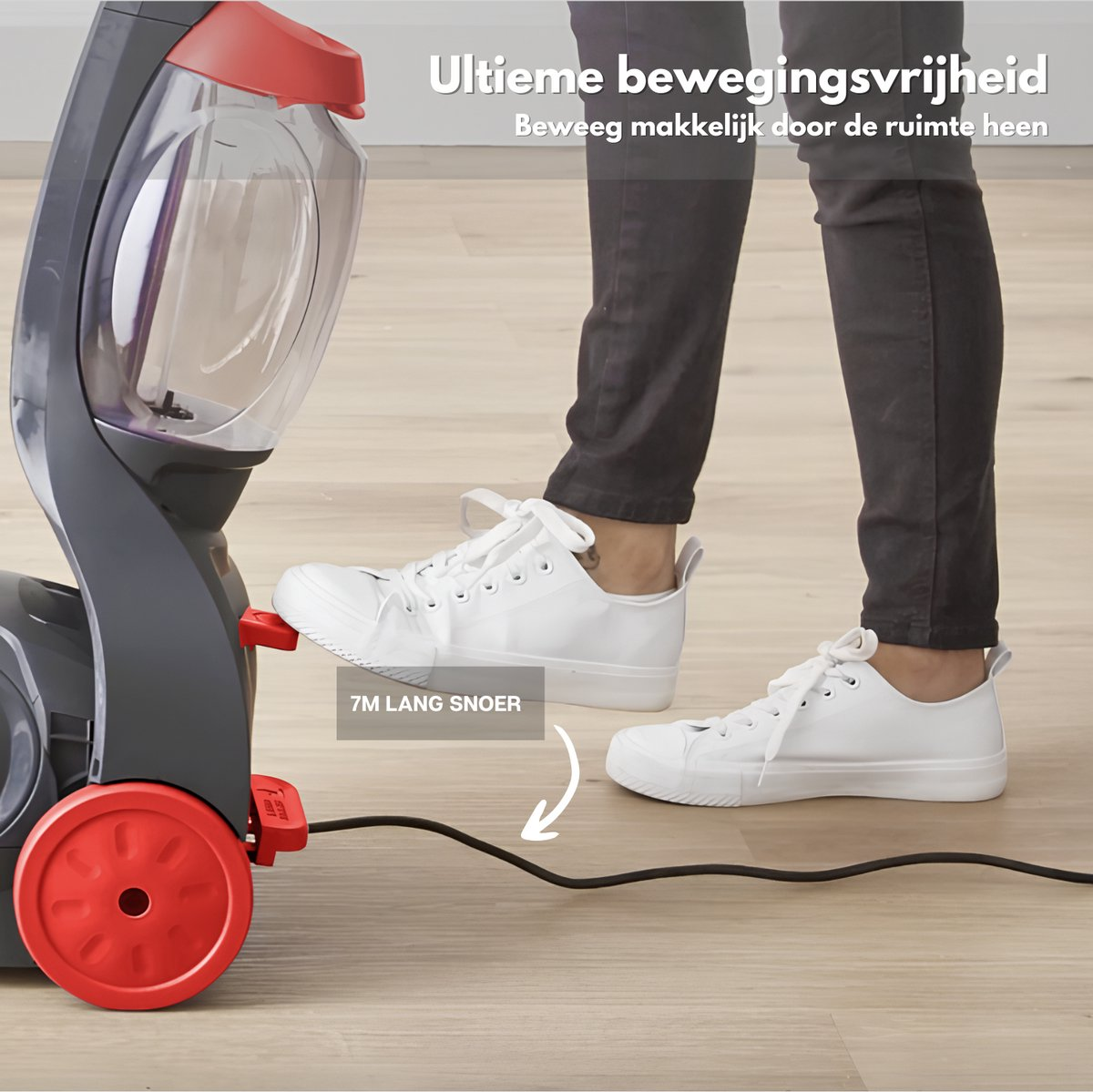 Person in white sneakers steps on a carpet cleaner. A 7m long cable extends. Text reads 'Ultimate freedom of movement'.