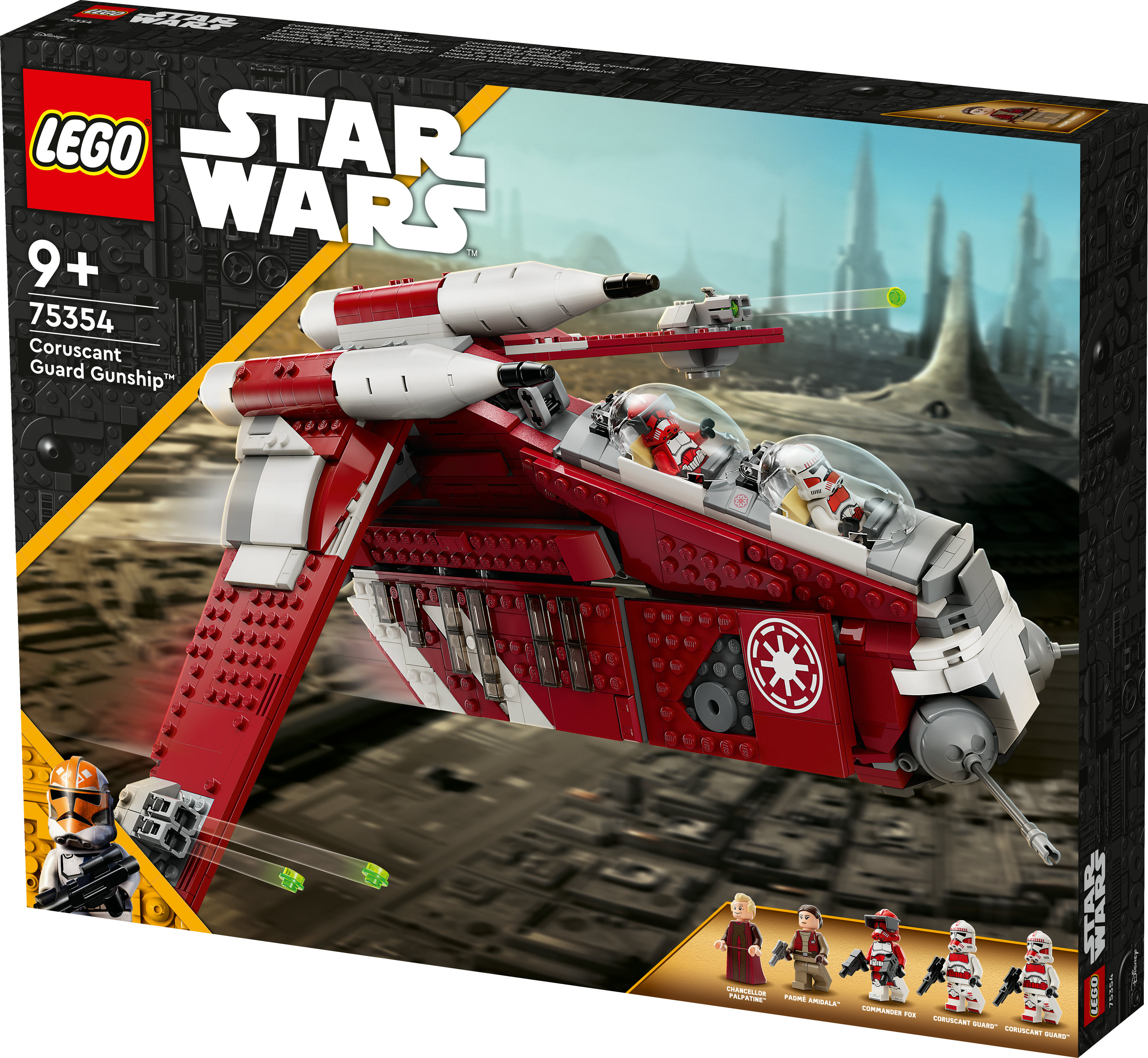 Pudełko zestawu Lego Star Wars przedstawia czerwoną i białą łódź z figurkami na tle miasta.