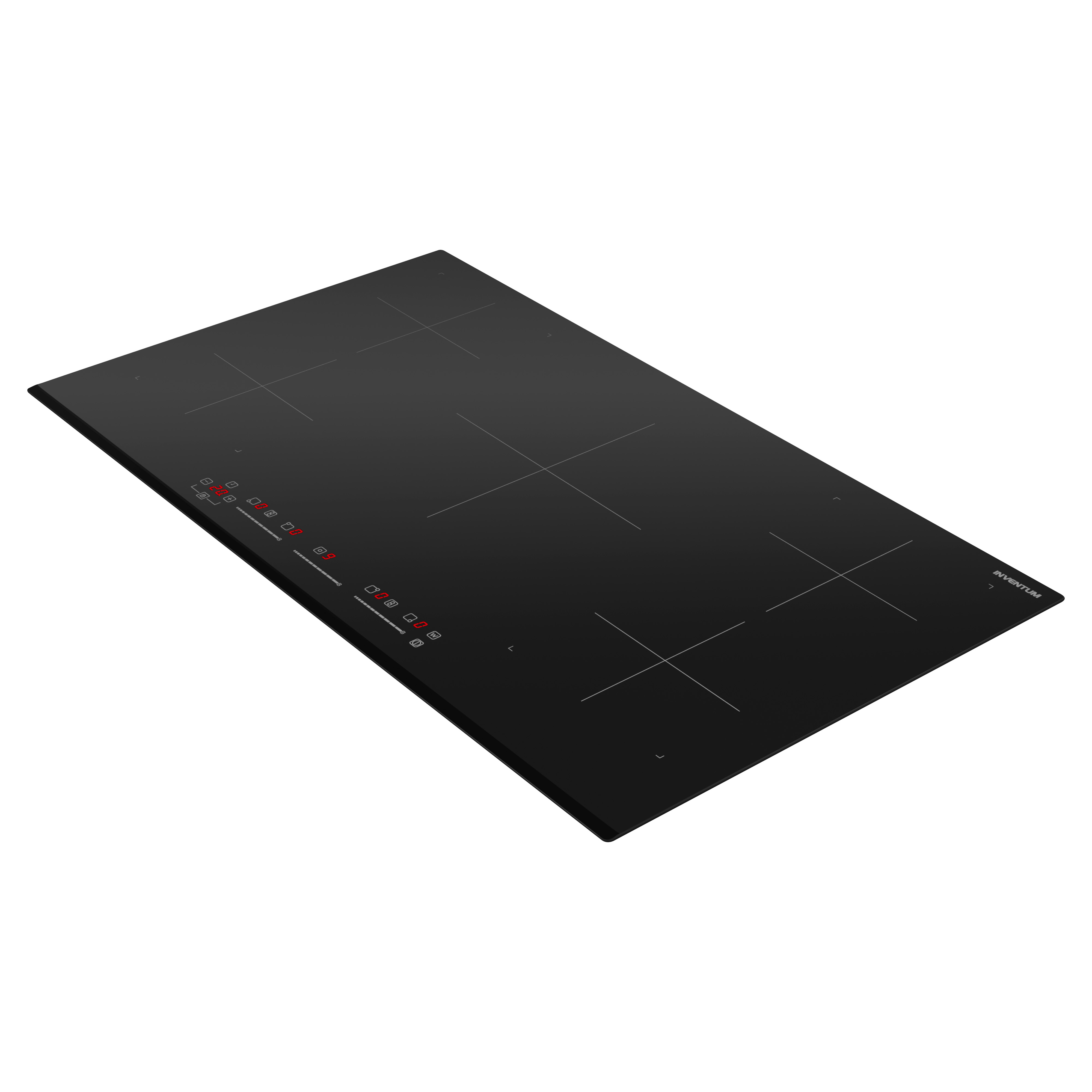 Een zwarte inductiekookplaat met vijf kookzones en rode digitale displays is schuin. De merknaam is zichtbaar.