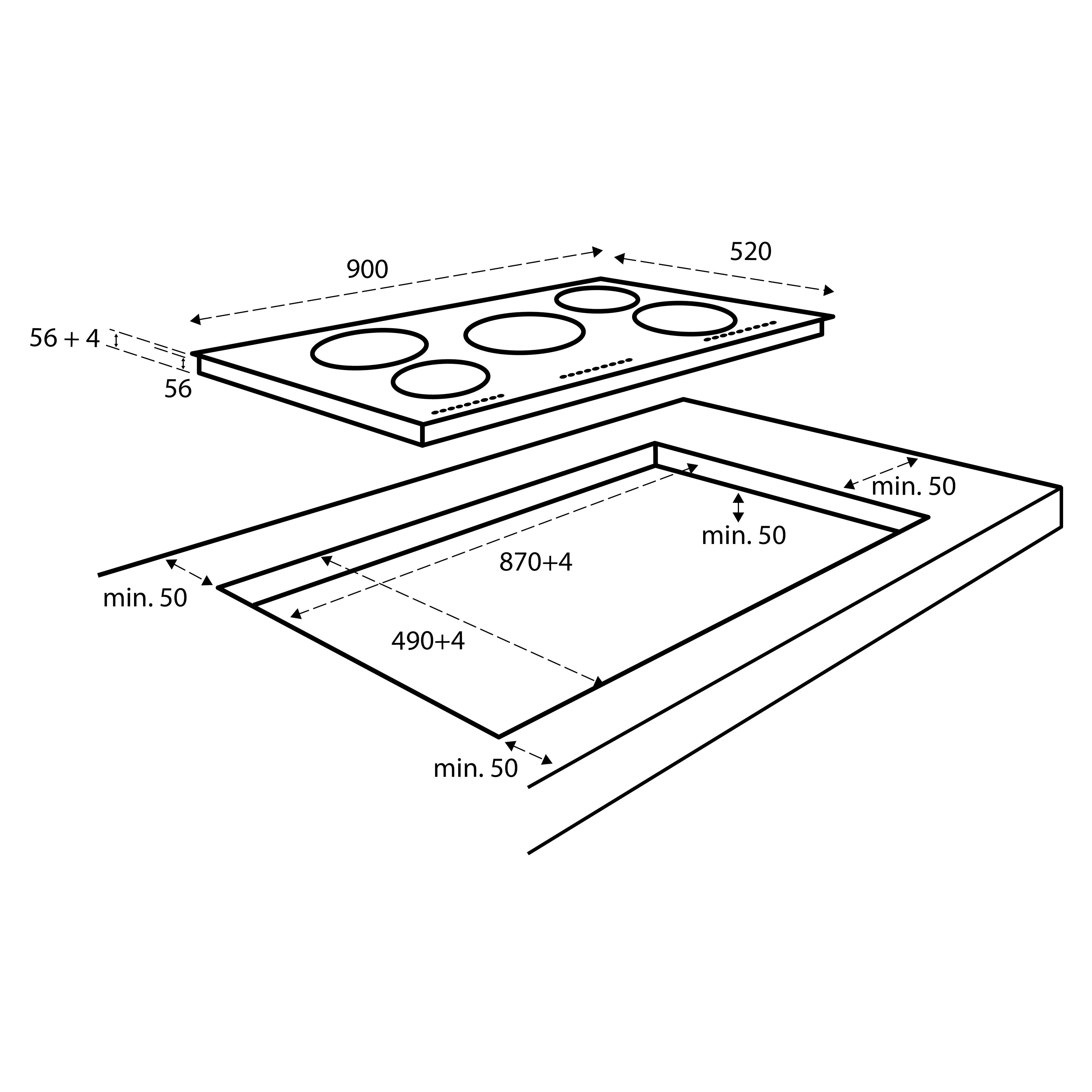 Diagram toont een kookplaat en de uitsparing met afmetingen. De kookplaat heeft vijf branders. Afmetingen in millimeters.