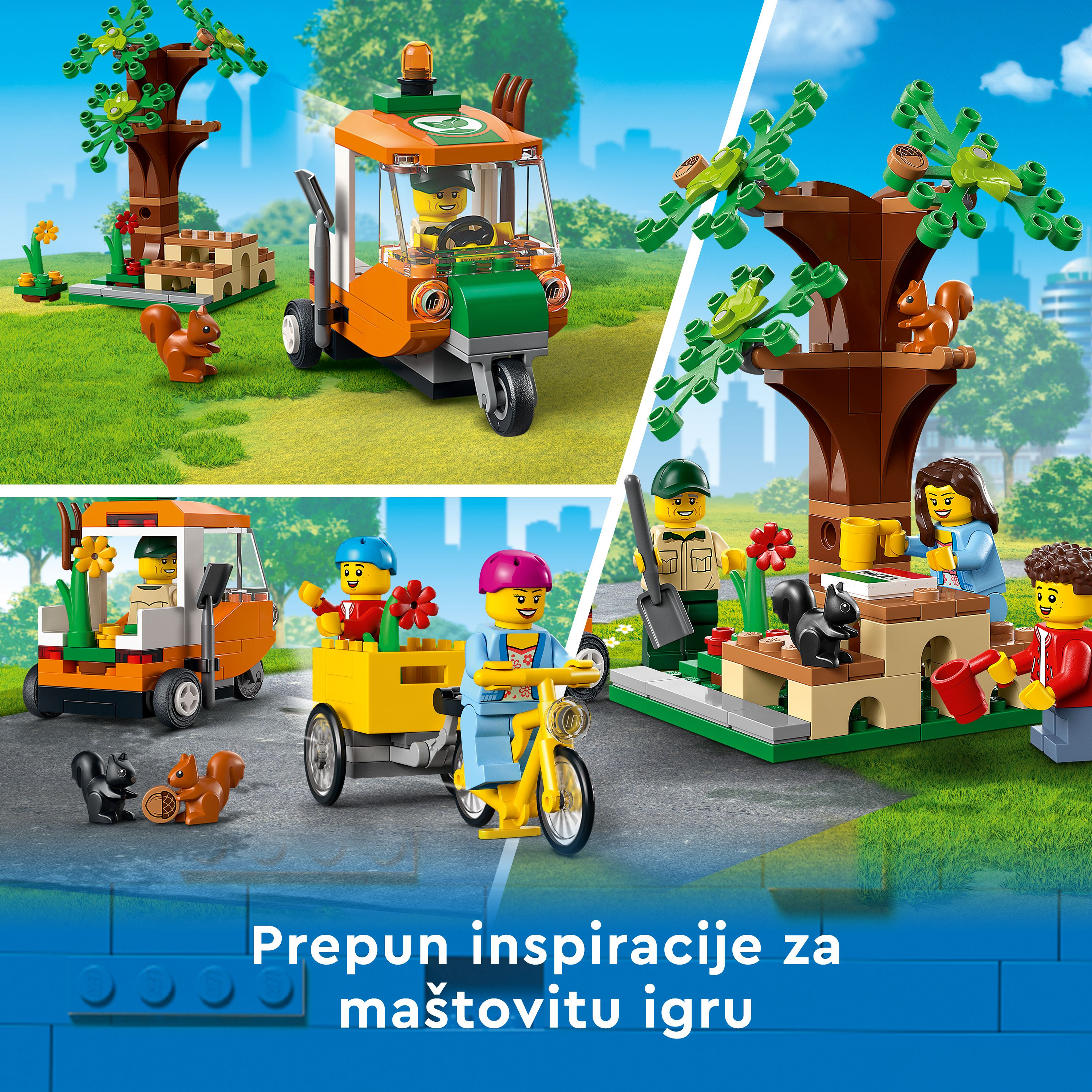 Park sahneleri, ağaçlar, araçlar ve minifigürlerle Lego seti. Sarı üç tekerlekli bisiklet, turuncu kamyon ve sincap içerir.