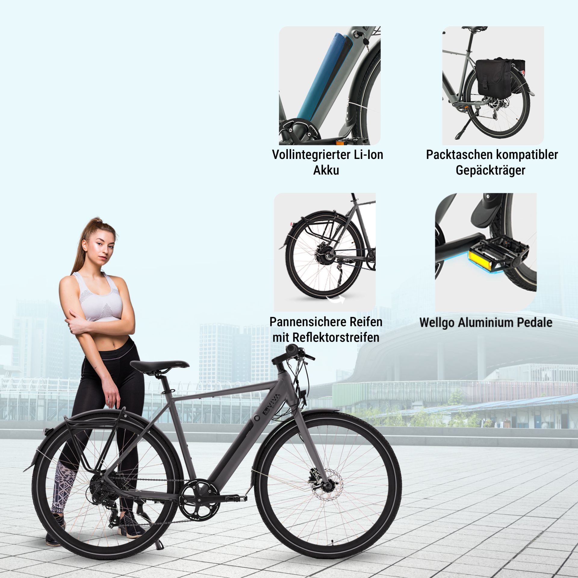Eine Frau steht neben einem grauen Elektrofahrrad. Das Fahrrad hat einen schwarzen Sattel, Reifen und Schutzbleche. Hintergrund zeigt Gebäude.