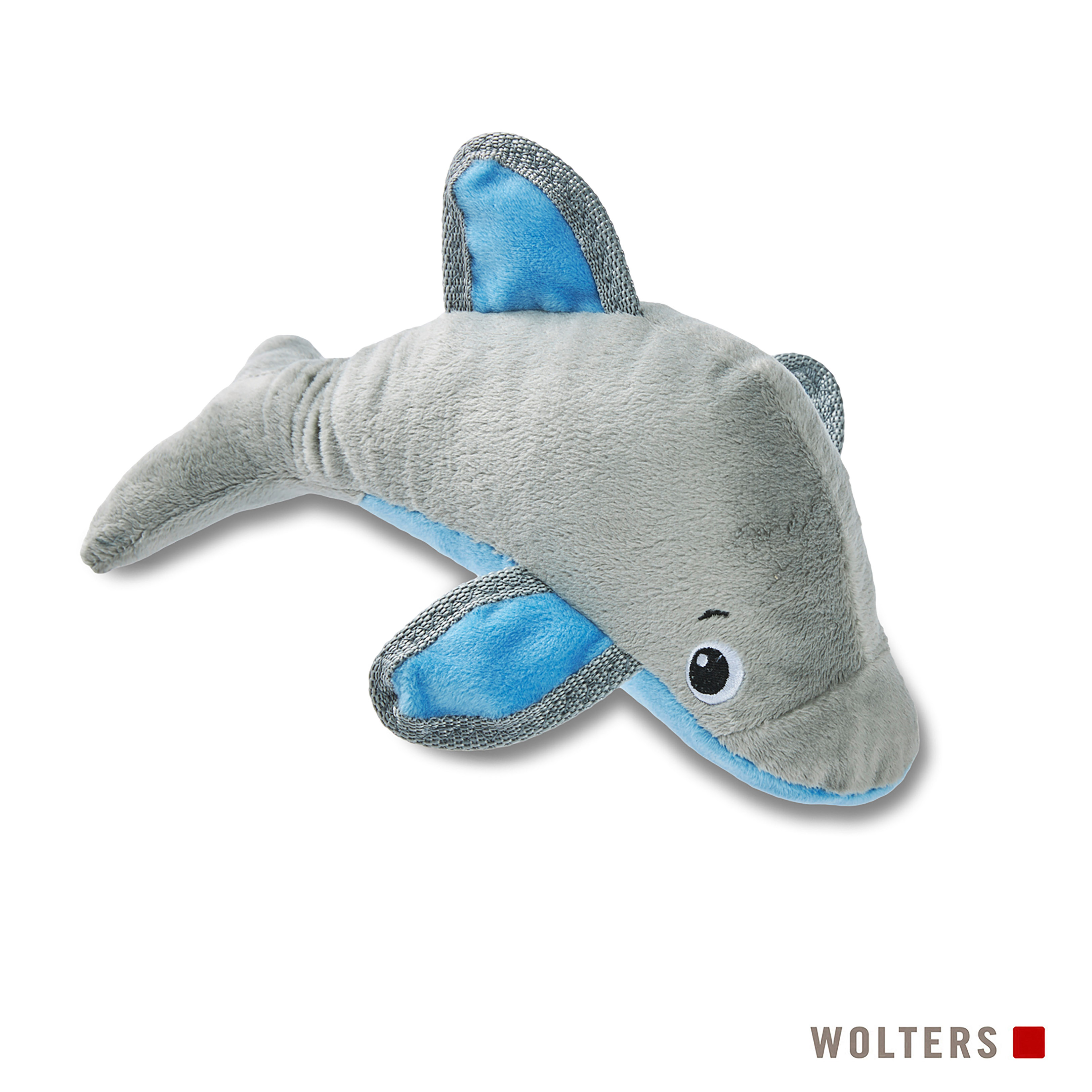 Ein graues Plüsch-Delfin-Spielzeug mit blauen Akzenten. Es hat ein lächelndes Gesicht und liegt auf weißem Hintergrund.