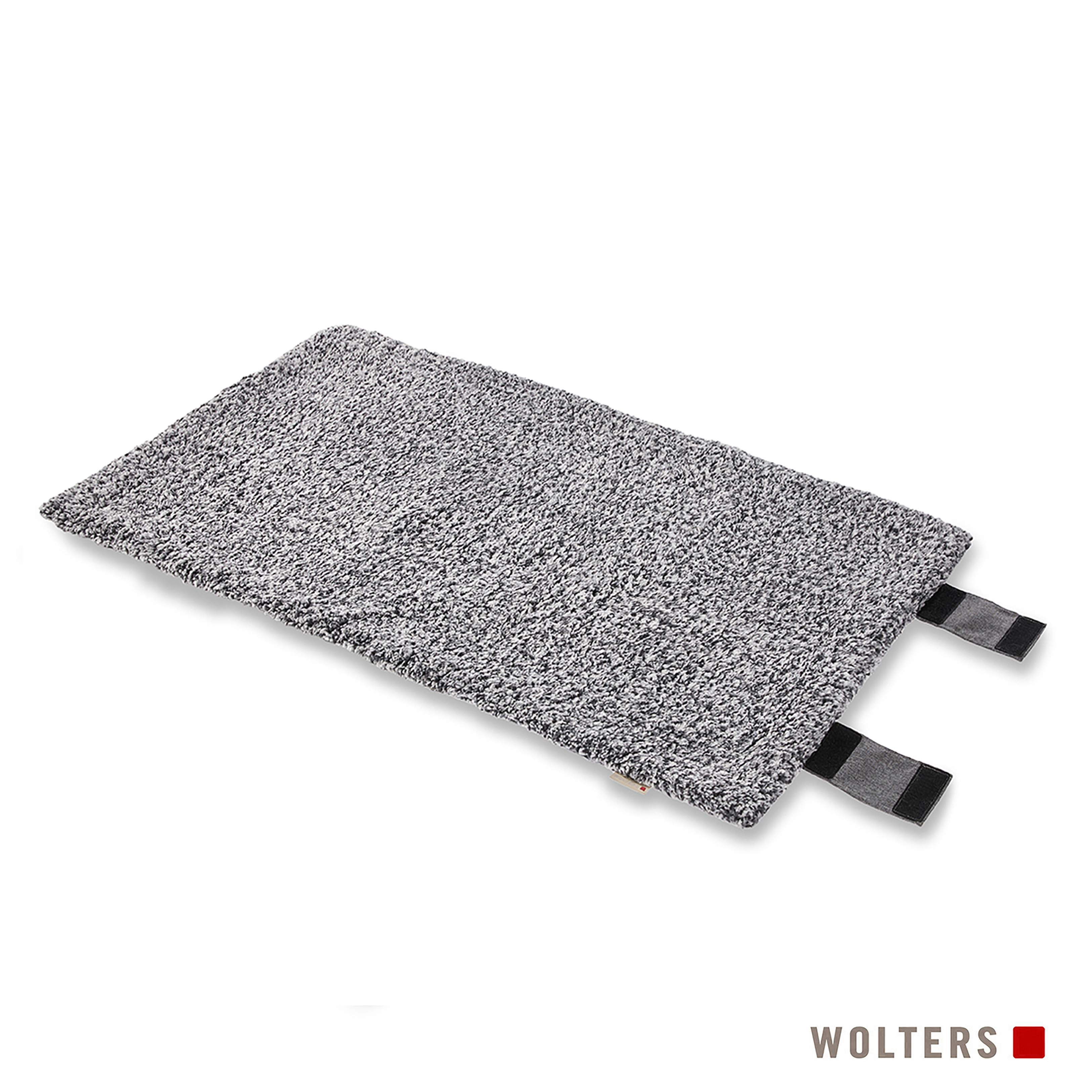Eine rechteckige, graue Haustiermatte mit strukturierter Oberfläche und schwarzen Riemen. Weißer Hintergrund. Wolters-Logo unten.