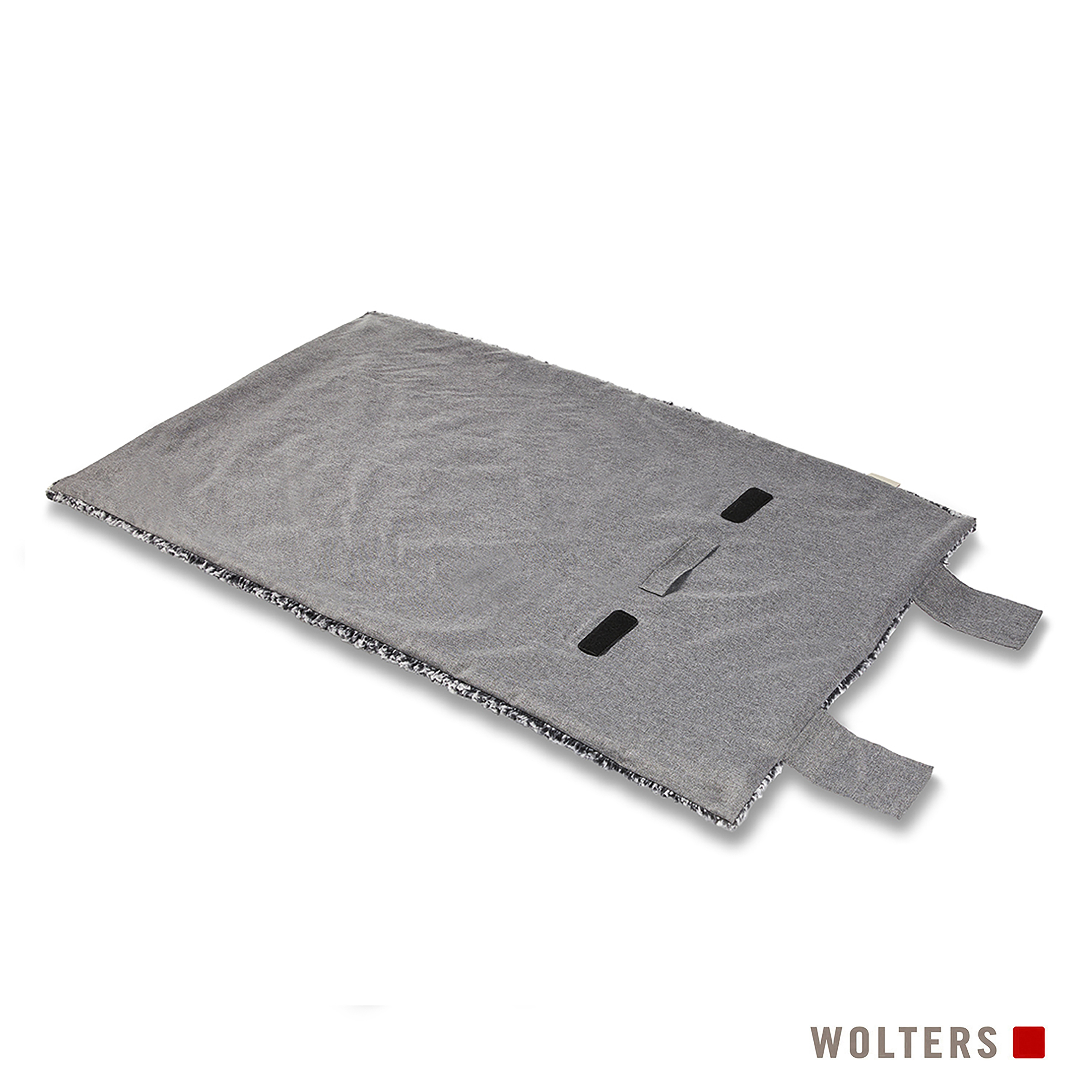 Ein graues Haustierbett mit schwarzen Riemen und Besatz. Das Wolters-Logo befindet sich unten rechts.