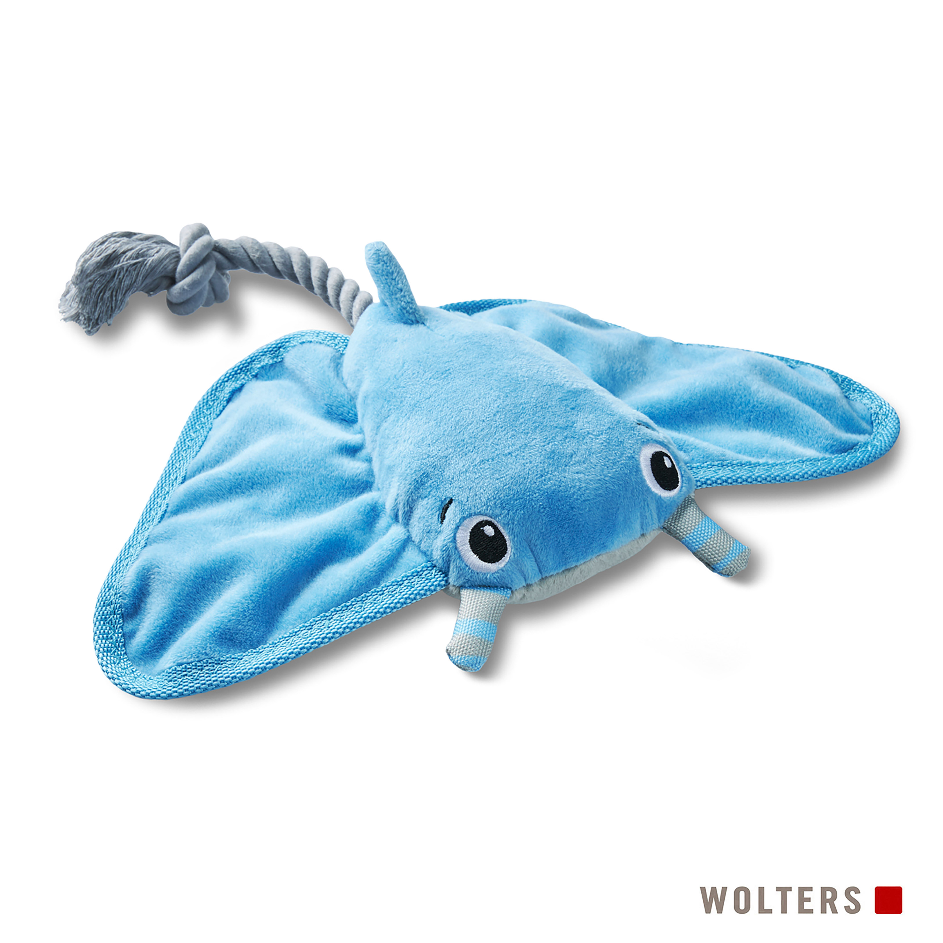 Ein blaues Mantarochen-Hundespielzeug mit einem grauen Seil. Es hat Augen und kleine Flossen. Der Hintergrund ist weiß, und der Markenname ist sichtbar.