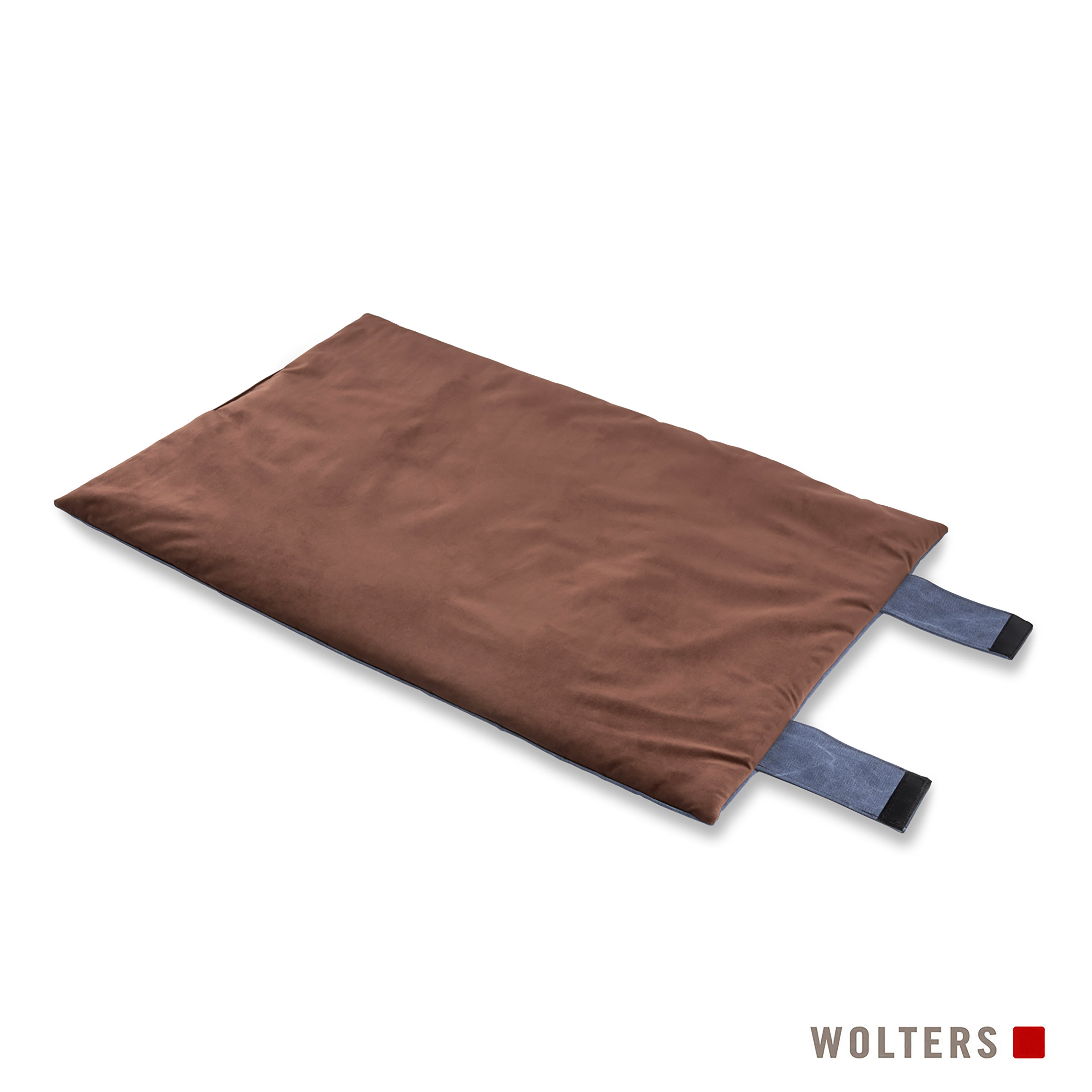 Braunes Haustierbett auf Weiß. Blaue Riemen am Ende. WOLTERS-Logo unten.