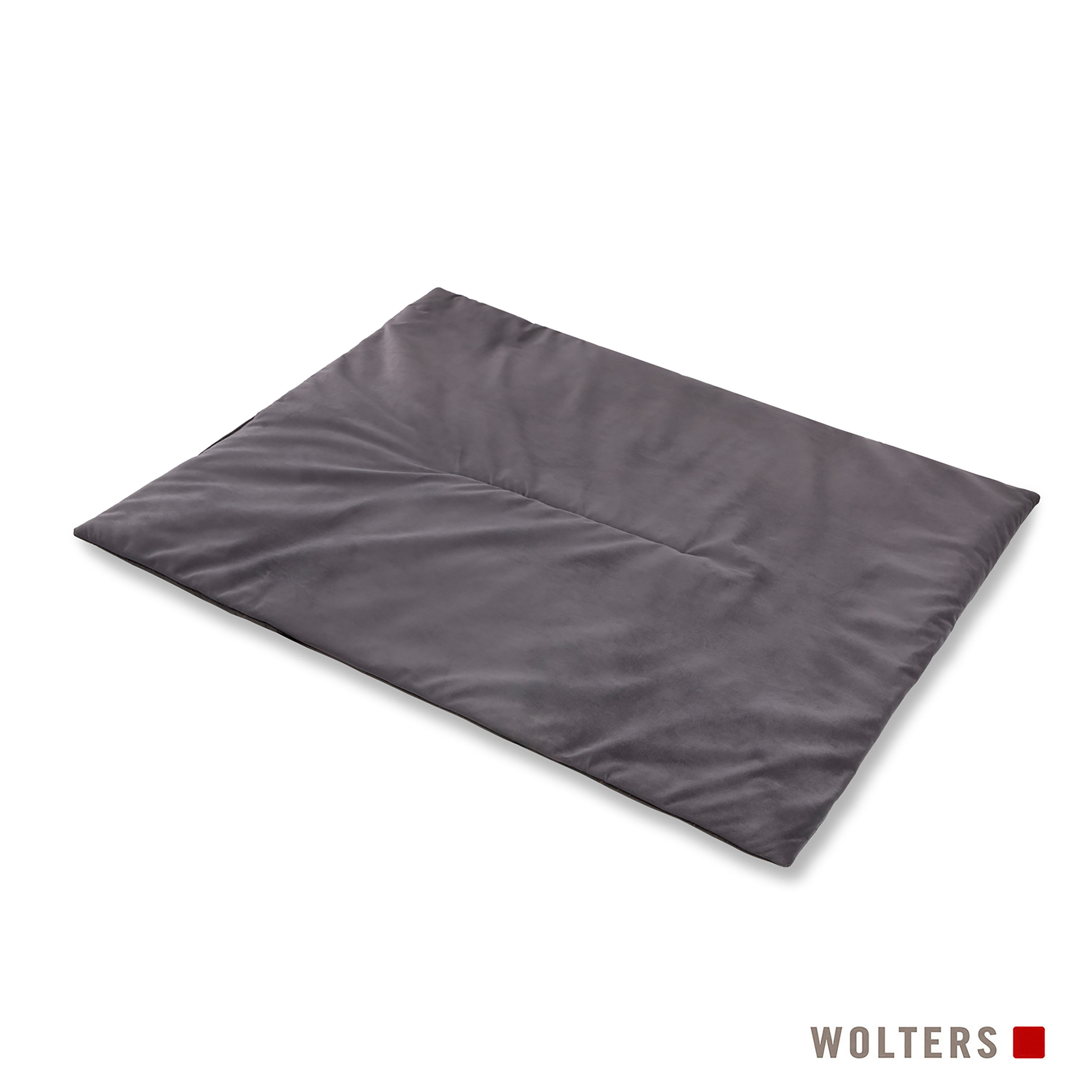 Graues rechteckiges Haustierbett auf weißem Hintergrund. Das Bett hat eine gesteppte Mitte und schwarze Ränder.