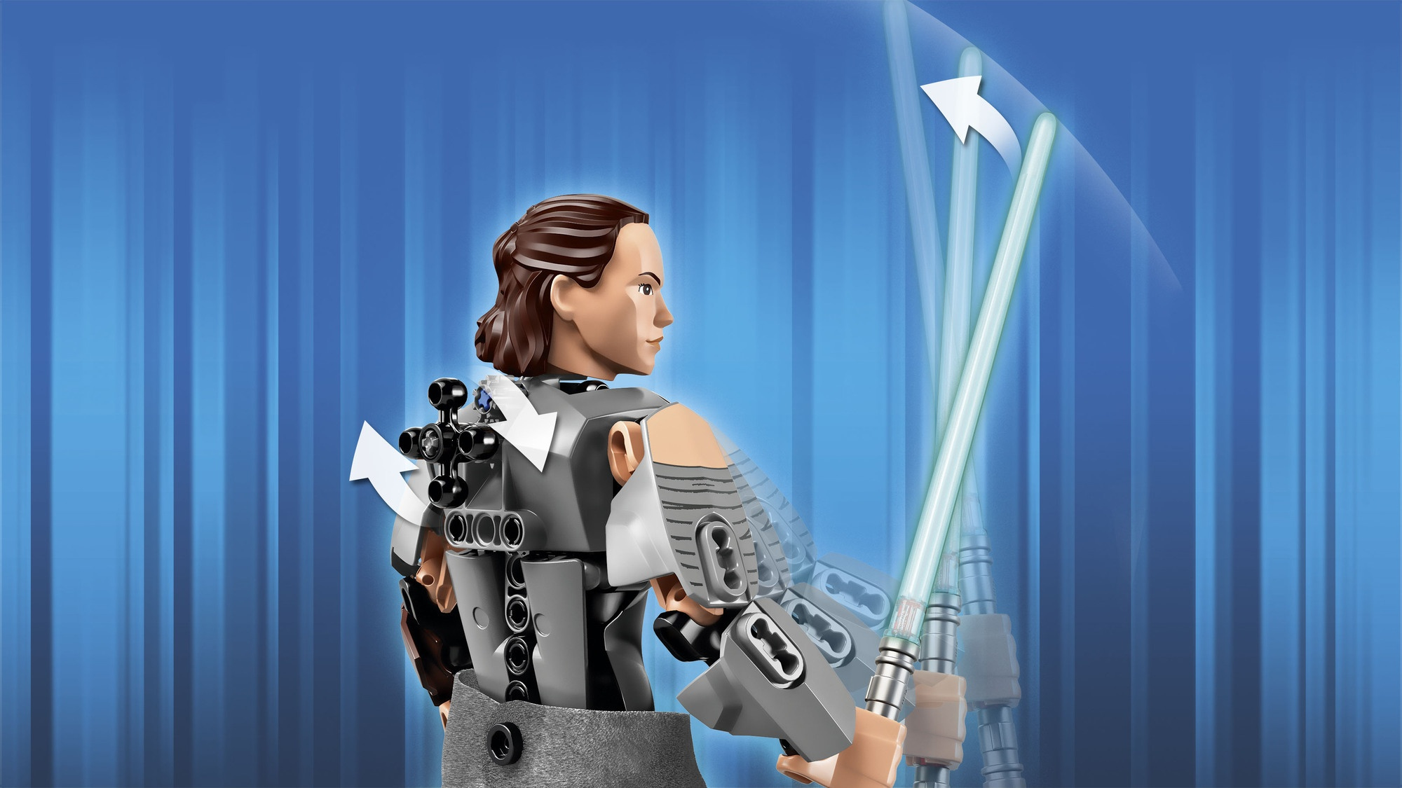 Una figura Lego di una donna con i capelli castani e una spada laser. Indossa un completo grigio con frecce che puntano verso la spada laser.