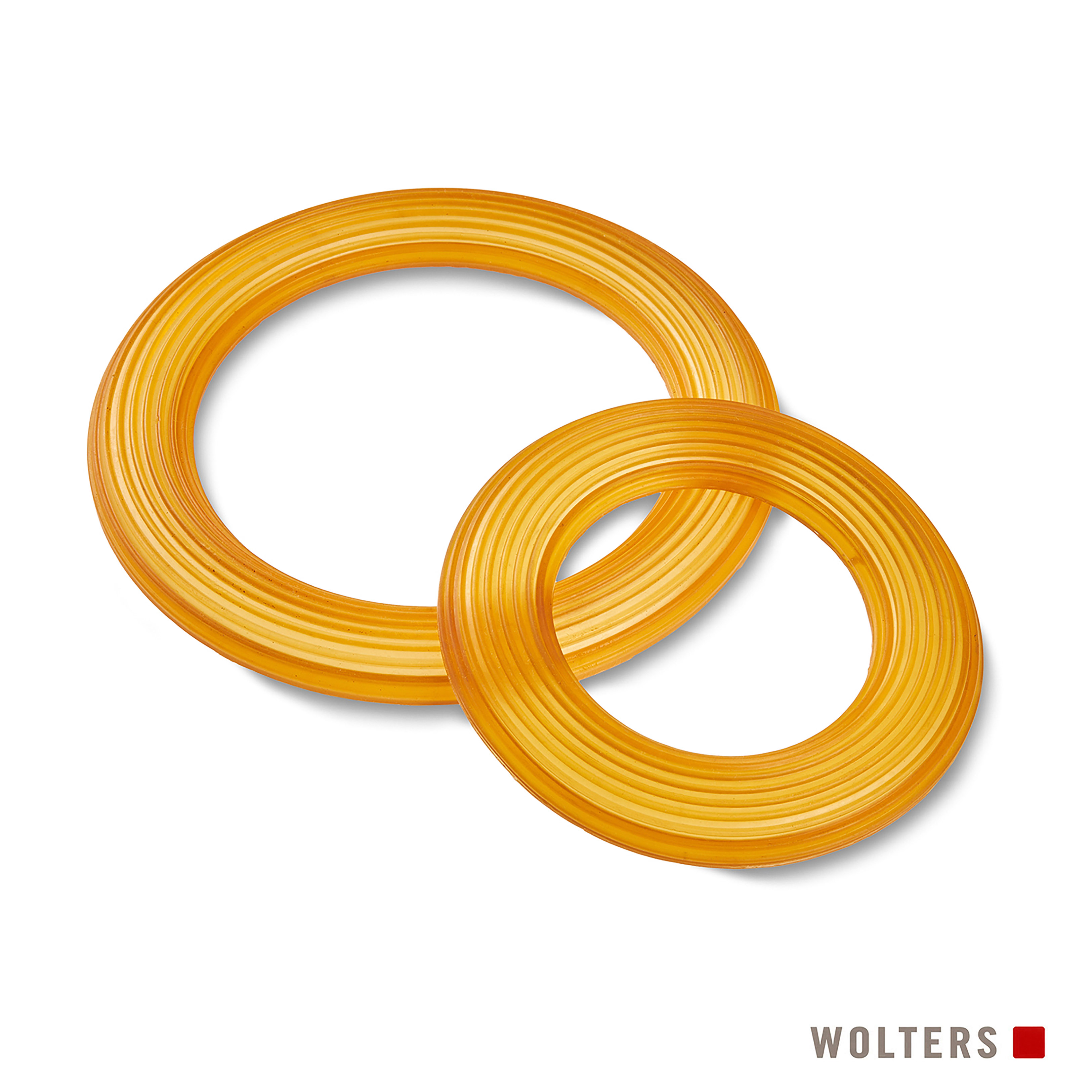 Zwei ineinandergreifende, strukturierte, orangefarbene Ringe auf weißem Hintergrund. Das Wolters-Logo befindet sich unten rechts.