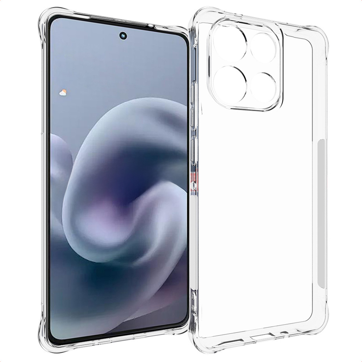 Een doorzichtige telefoonhoes naast een telefoon. Het scherm toont een wazige afbeelding. De hoes heeft camera-uitsparingen en knopafdekkingen.