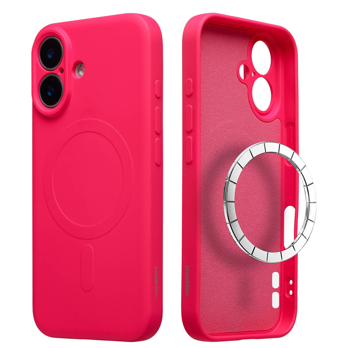 Deux coques de téléphone roses, une avec un contour de téléphone et deux découpes de caméra, l'autre avec un anneau argenté et un intérieur ouvert.