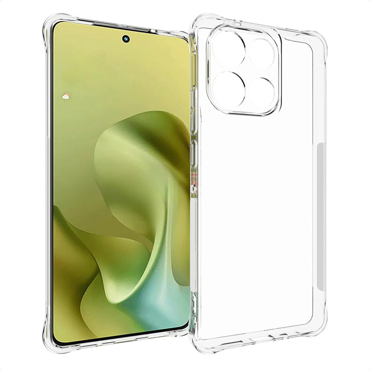 Een doorzichtige telefoonhoes naast een telefoon met een scherm met een groen en geel abstract ontwerp.
