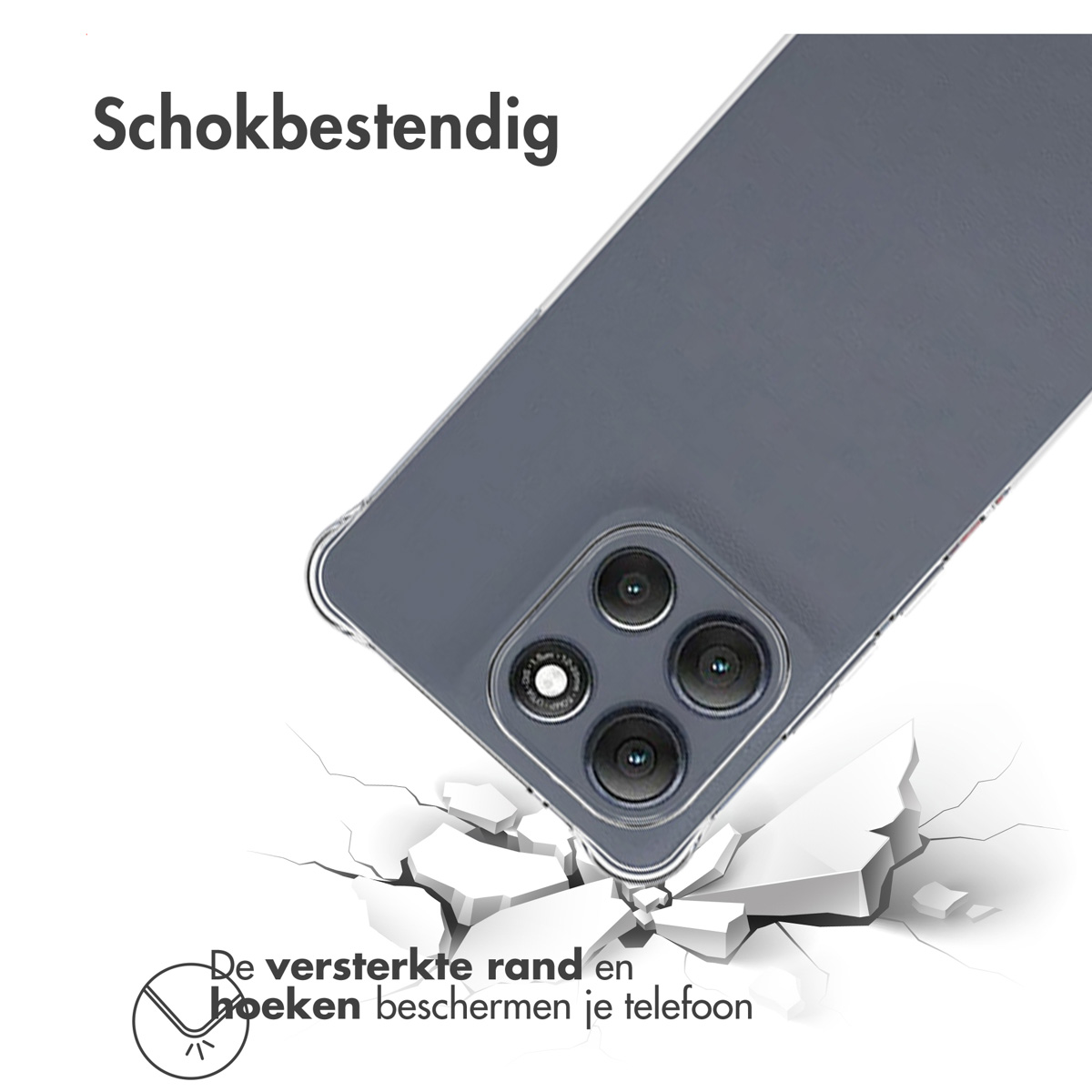Een telefoonhoesje valt op een wit oppervlak en barst. De hoes is transparant, grijs en heeft een cameramodule. De tekst bovenaan is 'Schokbestendig'.