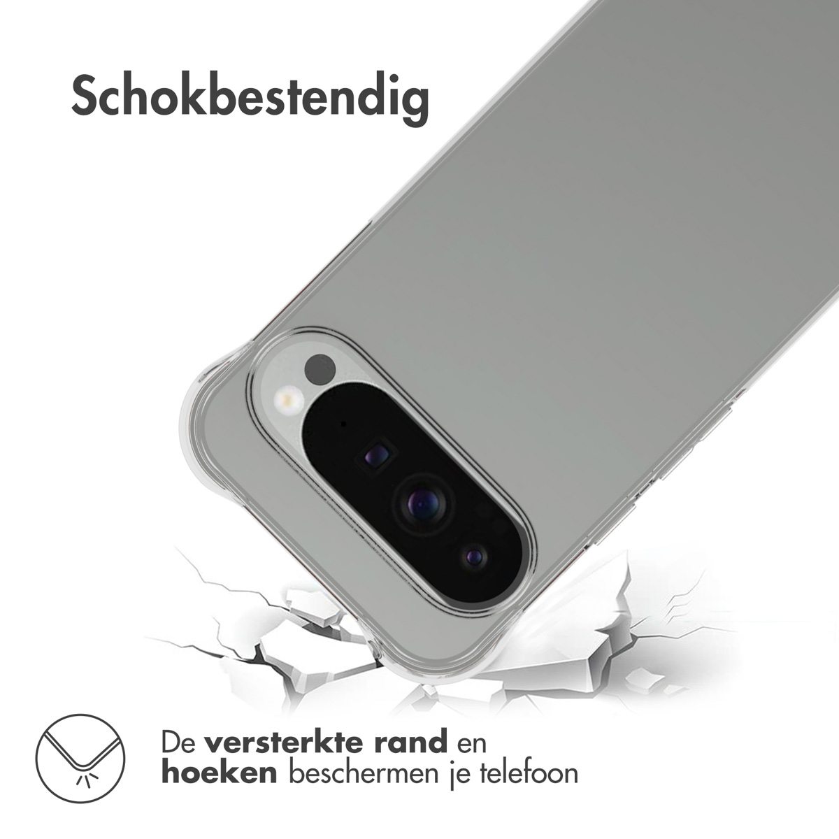 Una custodia per telefono su sfondo bianco, terreno crepato. Il telefono è grigio, la custodia trasparente, il testo recita 'Antishock'.