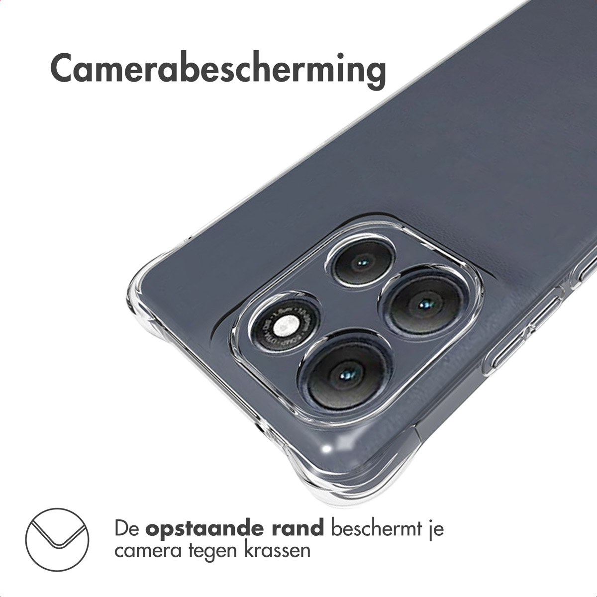 Transparante telefoonhoes beschermt de camera. Transparant ontwerp met verhoogde rand voor bescherming tegen krassen.