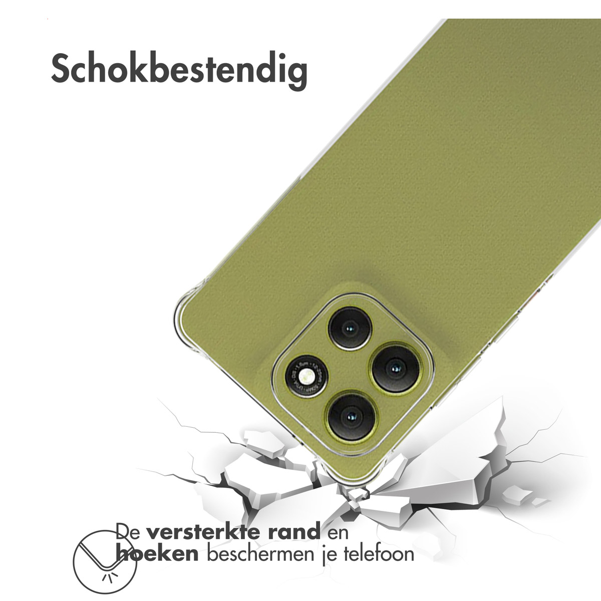 Een telefoonhoesje wordt getoond, onder een hoek, met een gebarsten oppervlak eronder. De tekst luidt 'Schokbestendig' en 'De versterkte rand beschermt je telefoon'.