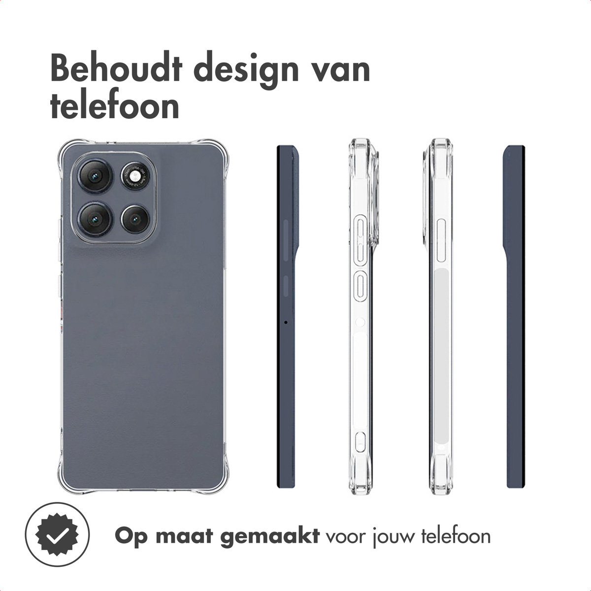 Telefoonhoes display: voor-, zij- en achteraanzicht. Tekst: Behoudt telefoonontwerp. Op maat gemaakt voor uw telefoon.