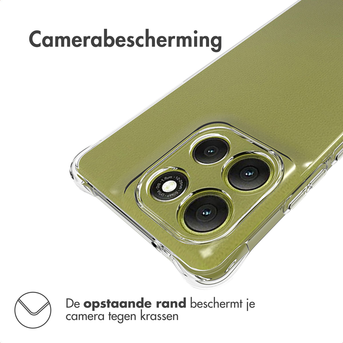 Een telefoonhoesje met camerabescherming wordt getoond. Tekst: Camerabescherming en De opstaande rand beschermt je camera tegen krassen.