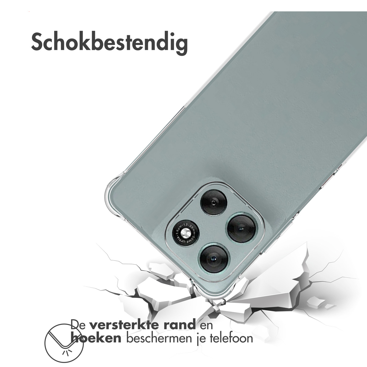 A phone in a protective case is shown. The phone's camera is visible. The image shows the phone breaking a surface, illustrating protection.