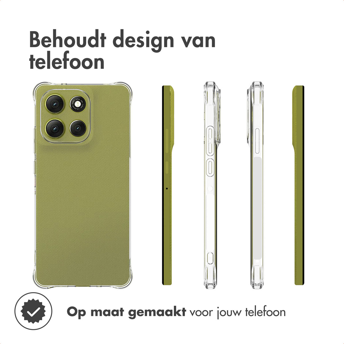 Afbeelding toont een telefoonhoesje. De hoes is olijfgroen links en transparant rechts, wat het ontwerp van de telefoon laat zien.